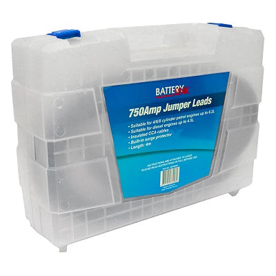 A transparent plastic case houses the Battery Link Jumper Leads, which are 750 Amp booster cables designed for use with 6-8 cylinder petrol engines and diesel engines up to 4.6L. This case includes an integrated surge protector and a convenient carry handle for effortless transport.