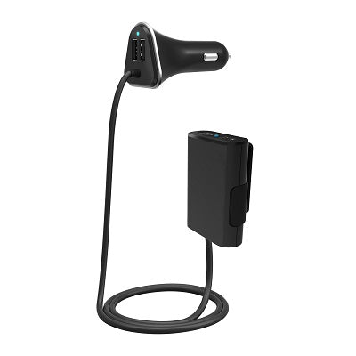 The Battery Link 4 Port USB Car Charger features a black charger with a coiled cable that connects to a separate black device, both designed to attach to your car's interior. This 48W power output charger includes two USB ports, while the additional device acts as a power hub or extension, enabling you to charge up to four devices simultaneously.