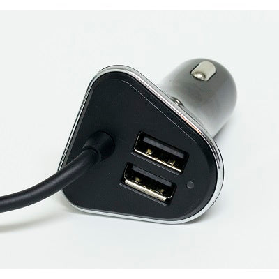 The Battery Link 4 Port USB Car Charger by Battery Link, featuring a black exterior with a sleek triangular design and silver border, is shown. This charger comes with an integrated cable and dual USB ports, delivering a total power output of 48W to charge up to four devices simultaneously.