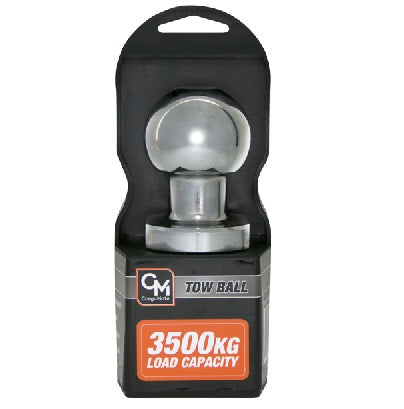 The Cargo Mate 50mm Towball, from the Cargo Mate brand, showcases a polished chrome finish and solid steel construction with a load rating of 3500KG. It comes in sleek black and orange packaging that emphasizes its durability and style.