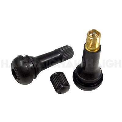 A close-up displays two Dr Air Tyre Valves - Standard in black rubber with brass threads; one valve stands upright sans cap, while the other lies horizontally beside its cap, highlighting their tubeless tyre valve design.