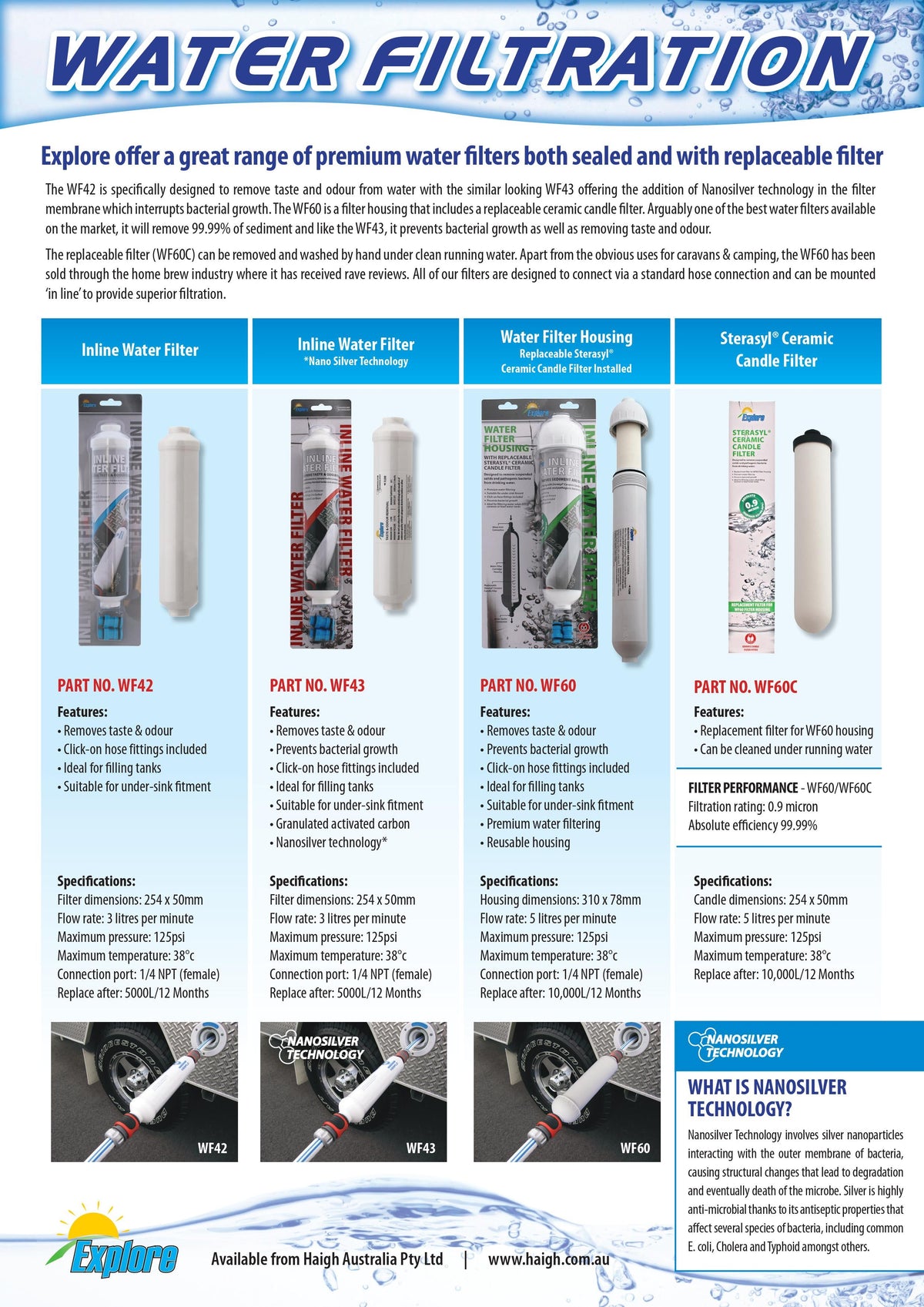 Promotional poster for Explore's water filtration products, showcasing the Explore Inline Water Filter, water filter housing, and ceramic candle filters ideal for caravans. Each product is accompanied by a detailed description, part number, and image. The poster emphasizes the advantages of nanofiber technology in providing safe drinking water.