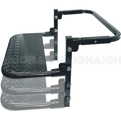 The Mean Mother 4x4 Wheel Step by Mean Mother is an adjustable and foldable black truck bed tailgate step made of durable metal. It features a textured, diamond-plated stepping surface and is showcased in multiple positions for demonstration. This versatile step is perfect for convenient truck bed access or cleaning your 4WD roof.