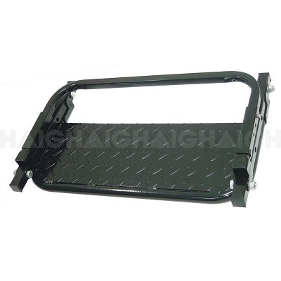 Introducing the Mean Mother 4x4 Wheel Step by Mean Mother: a black, foldable truck step featuring a textured, diamond-plate pattern on the step surface. This sturdy metal frame is designed as an adjustable vehicle step, providing easier access to your truck bed or roof. It's perfect for 4WD roof cleaning or any task requiring heightened reach.