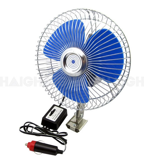 The Mean Mother 4x4 Oscillating Fan Round 6" 1 Speed features blue blades in a metal cage, comes with a stand, and includes both a power adapter and a car cigarette lighter plug for versatile use.