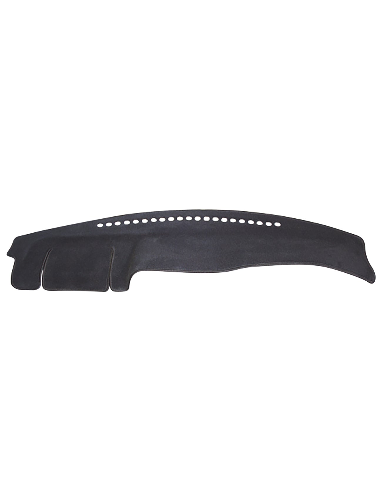 The Sunland-Protection Nissan Patrol Dash Mat is a black cover with a curved design, cutouts for vents and controls, and small circular holes for venting. It ensures airbag safety and protects the original surface while offering sun protection.