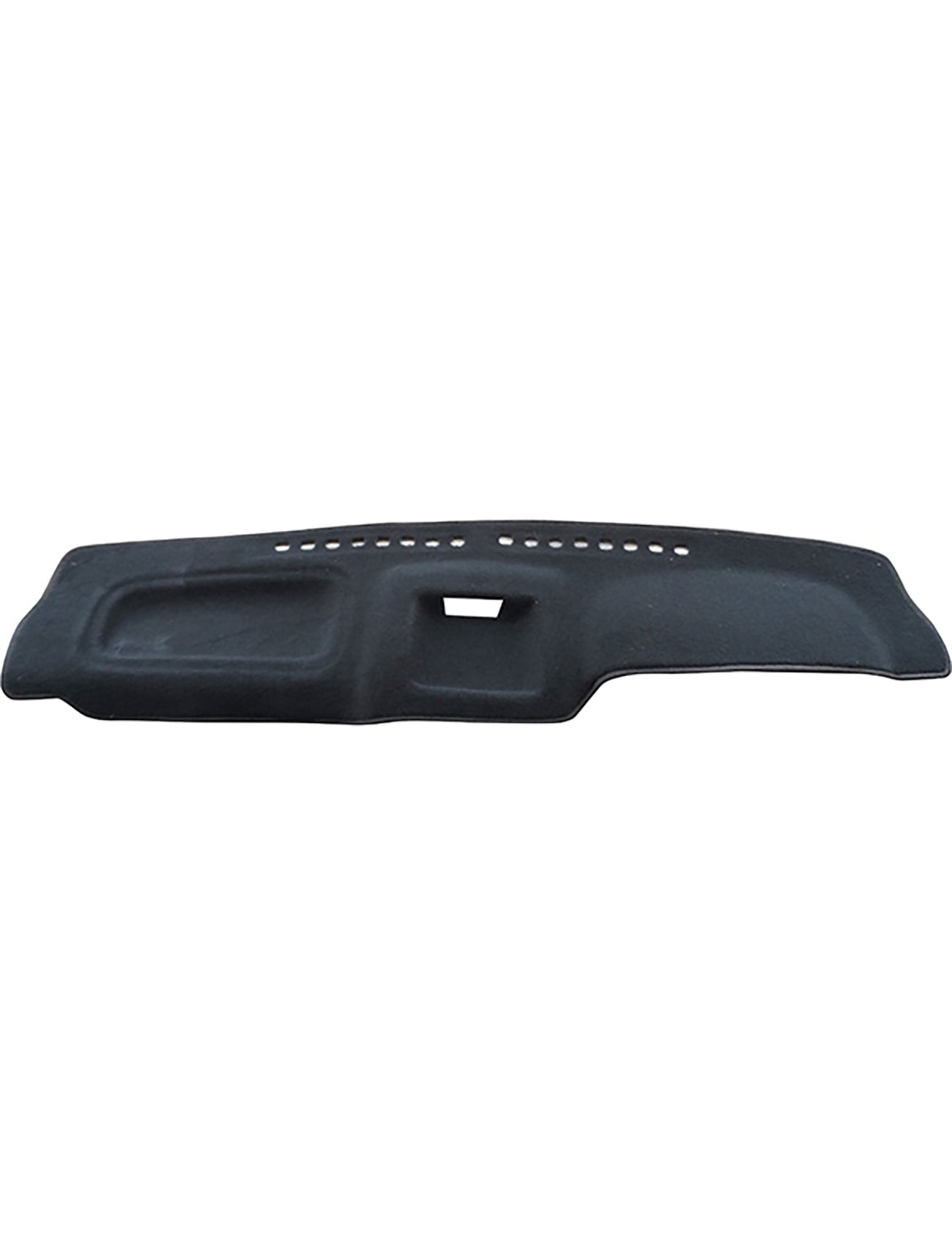 The Sunland-Protection Nissan Pathfinder Dash Mat, in black fabric with vent cutouts and openings, fits over the dashboard to shield against sunlight and heat, reducing glare for added vehicle protection.