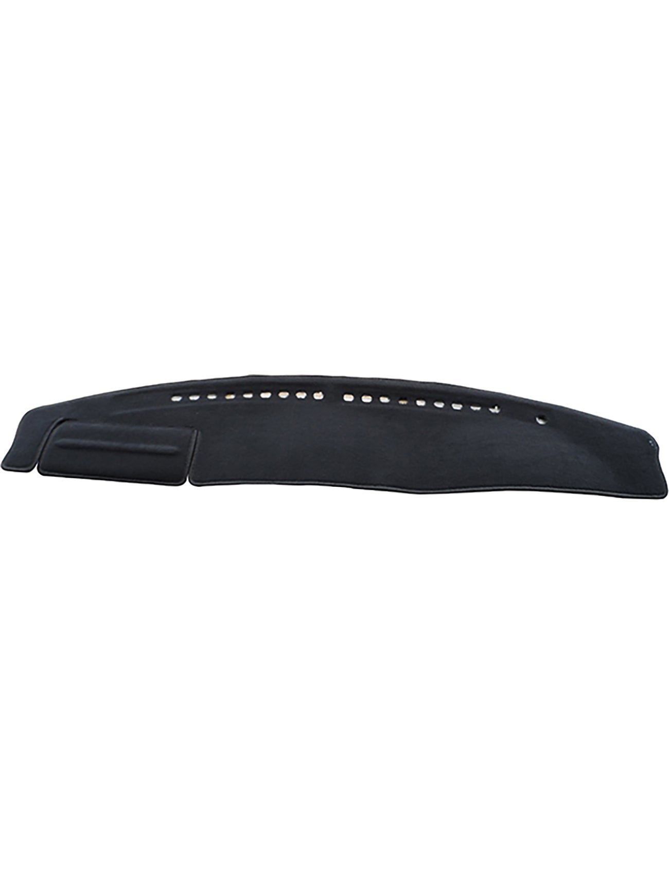 The curved, black Nissan Patrol Dash Mat by Sunland-Protection is a dashboard cover with ventilation holes and a molded section for the instrument panel. It's air bag-safe with a slightly textured surface to help maintain your car's resale value.
