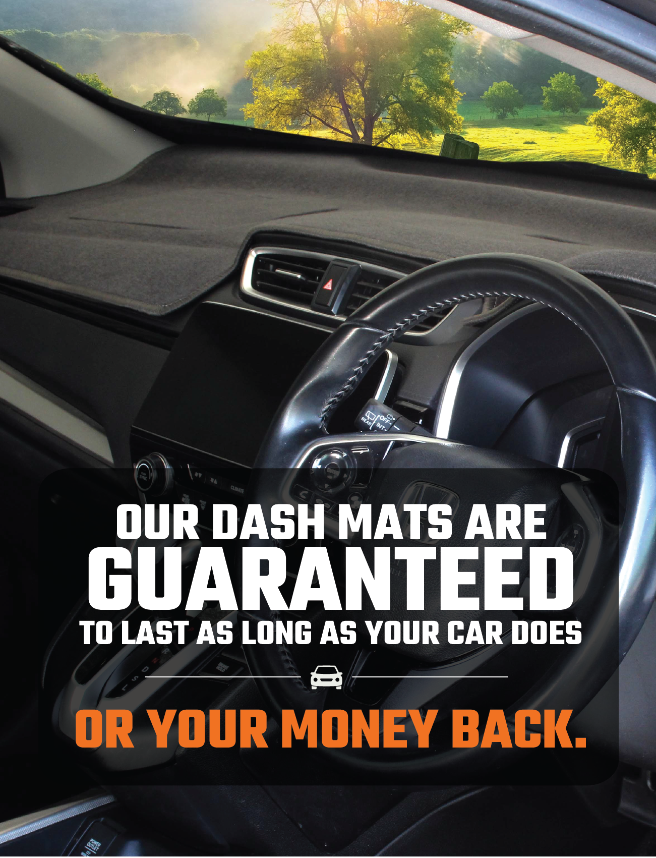 Inside the car's dashboard, there's a prominent text overlay: "THE SUNLAND-PROTECTION DASH MAT, DESIGNED WITH BUILT-IN SUN PROTECTION FOR GUARANTEED LONGEVITY OR YOUR MONEY BACK." The picturesque landscape of fields and trees visible through the car window complements the tranquil ambiance while maintaining an airbag-safe setting.