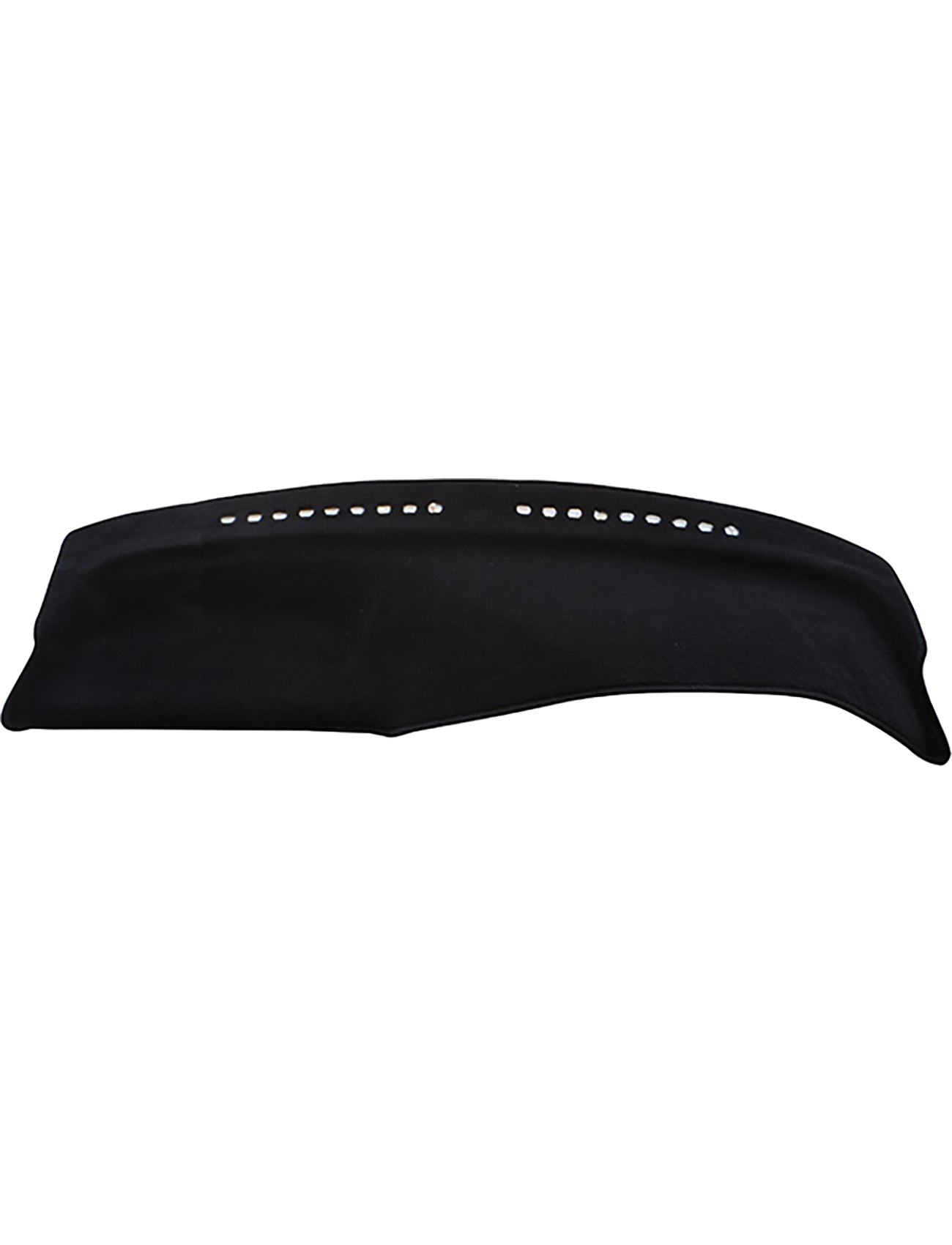 The Sunland-Protection Ford Laser Dash Mat KF/KH (All S L GL TX3 & Ghia) is a black fabric cover with a curved shape and small circular cutouts, designed for stylish dashboard protection.