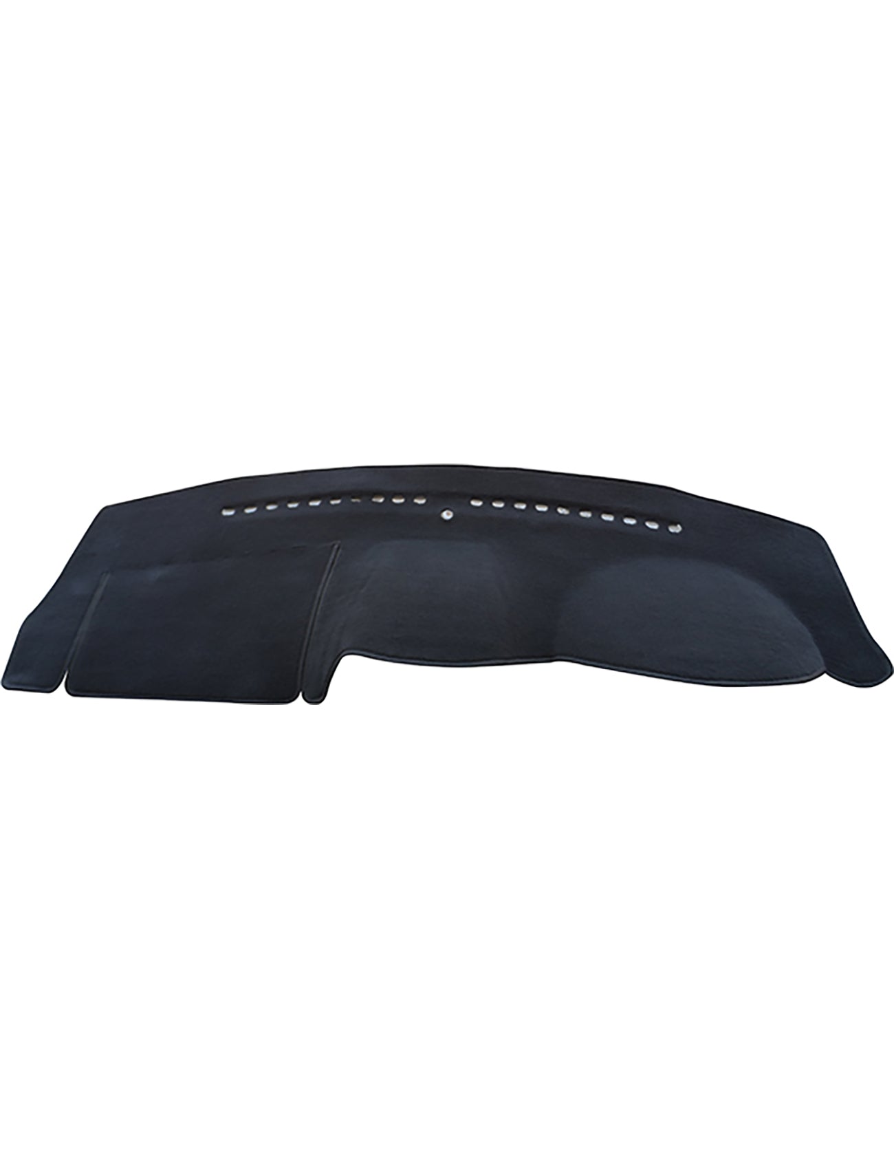 The Sunland-Protection Ford Territory Dash Mat features a black, smooth surface with small ventilation holes along the top edge. It fits neatly into the dashboard area for optimal glare reduction and protection against sun damage, enhancing vehicle resale value.