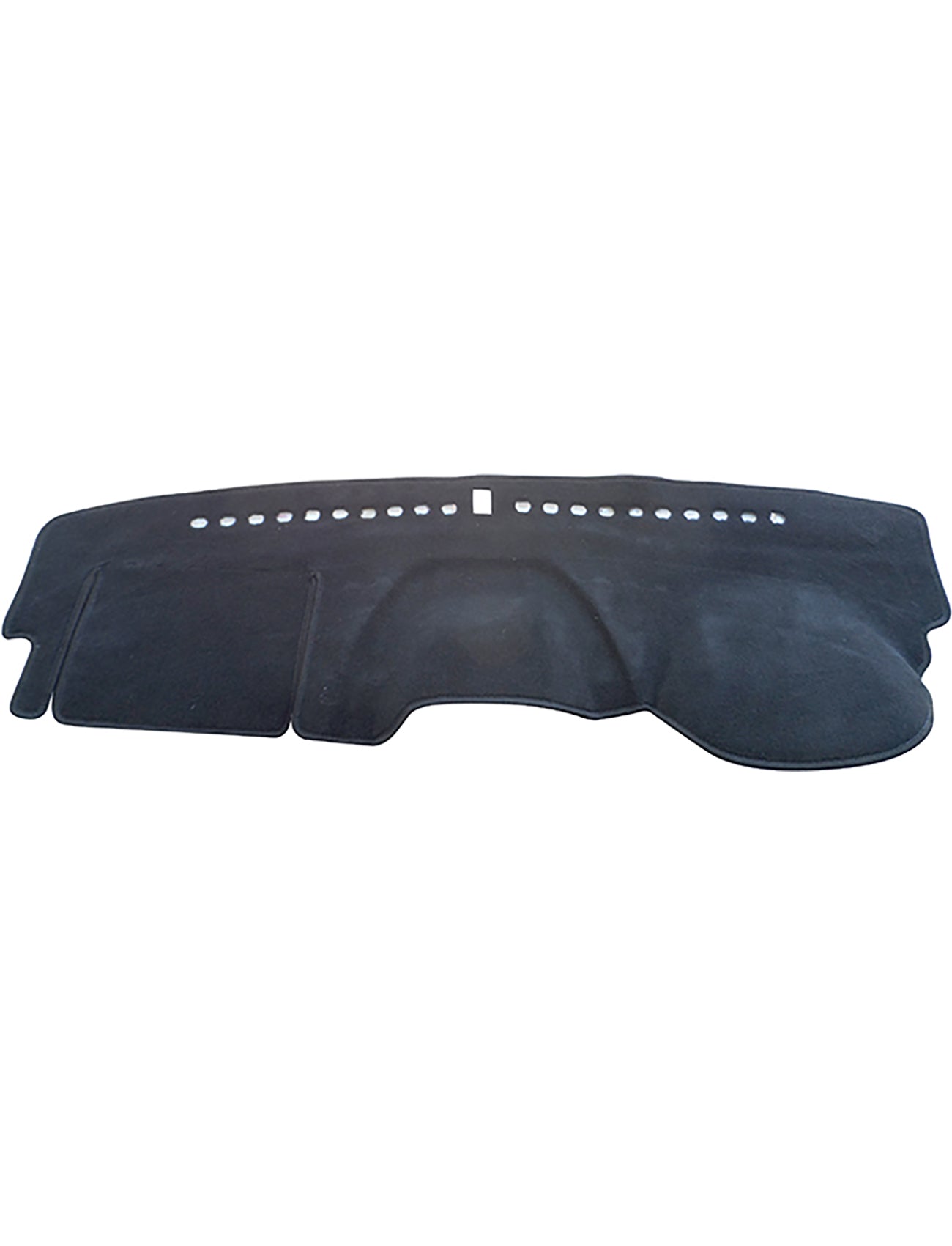 The Sunland-Protection Ford Ranger Dash Mat is black and rectangular with circular cutouts on the top edge. It is tailored to fit your vehicle's dashboard contours, reducing glare, protecting from sun damage, and helping to keep your vehicle cool while preserving its resale value.