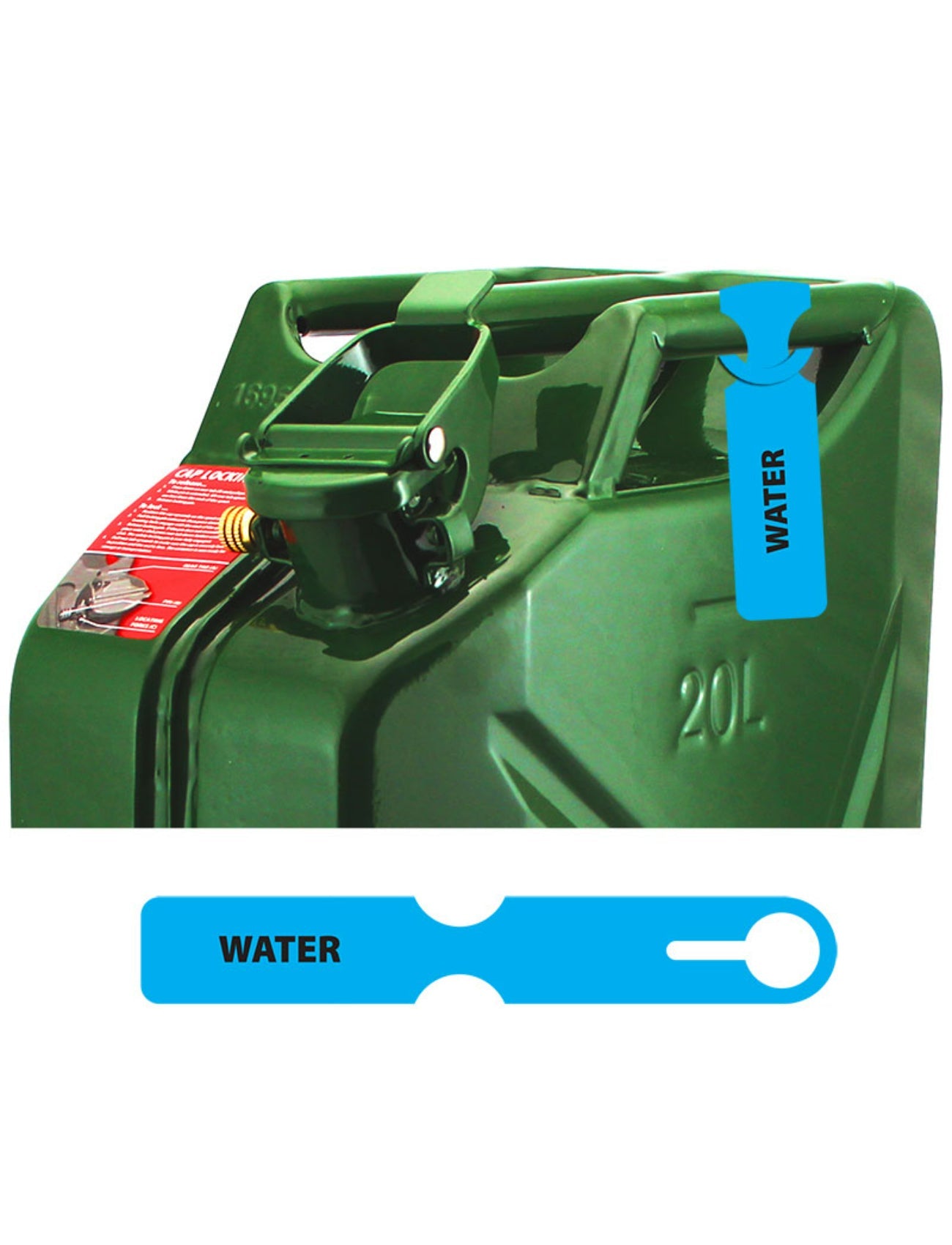 The Sunland-Protection FUEL CAN TAG BLUE/WATER features a green 20-liter jerrycan with a closed spout and handle, enhancing safe liquid transport. It includes a blue "WATER" label and a horizontal blue tag with circular loop marked "WATER.