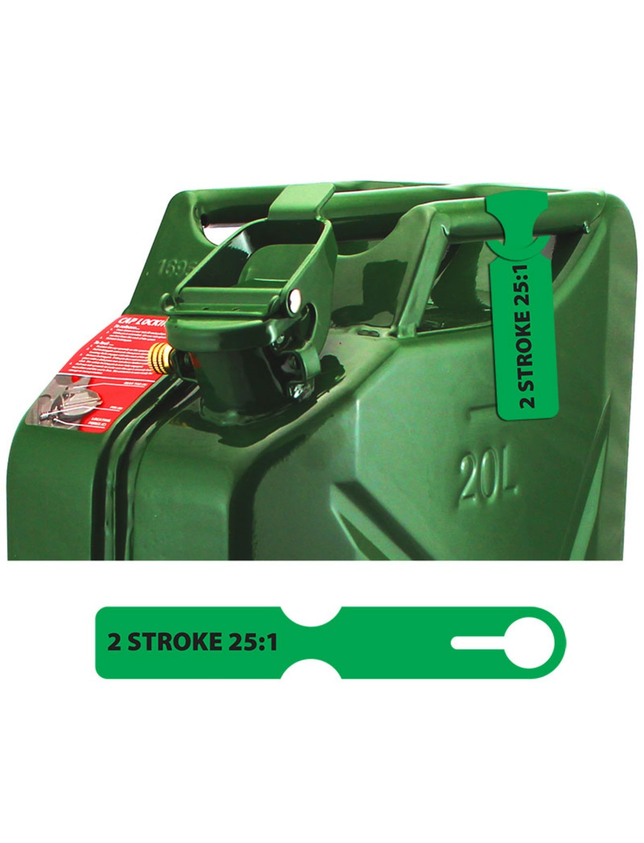 Picture of a green 20-liter plastic fuel canister from Sunland-Protection, featuring a clip-on label reading "2 STROKE 25:1." It includes a spout and a red section with partial text. Detachable tags labeled as FUEL CAN TAG GREEN/2 STROKE are displayed separately for easy liquid identification.