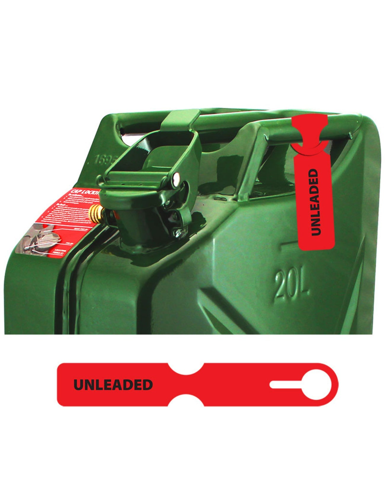 A green 20-liter fuel can with a closed spout is depicted, perfect for fuel storage. It features a Sunland-Protection red tag labeled "FUEL CAN TAG RED/UNLEADED" near the handle, indicating it's suitable for storing unleaded liquids.