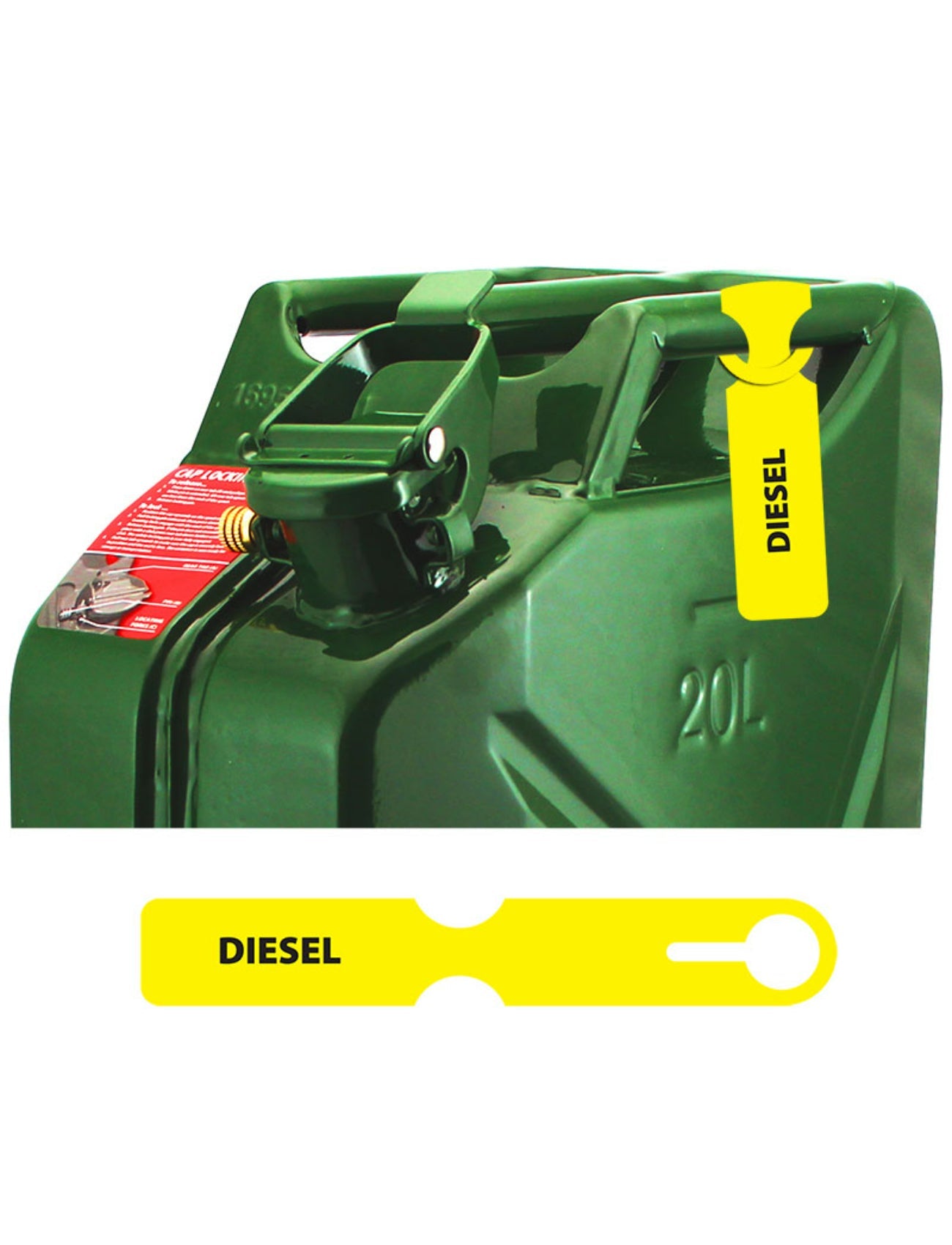 A green 20L fuel canister includes a spout, a Sunland-Protection yellow "Diesel" FUEL CAN TAG attached to the handle for transport safety, and a red warning label for careful handling of stored liquids. The close-up highlights the tag's prominent text.