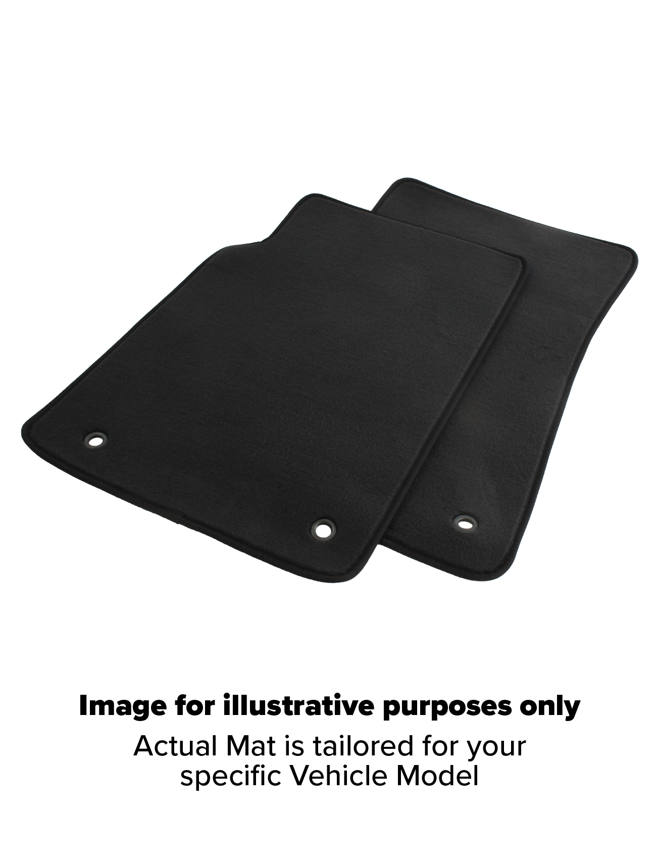 A pair of luxurious black Tailored Floor Mats 2-Piece Mazda 3 2009-2014 by Sunland-Protection with grommet holes is displayed against a white background. Text below the mats reads, "Image for illustrative purposes only. Actual Mat is tailored for your specific Vehicle Model.