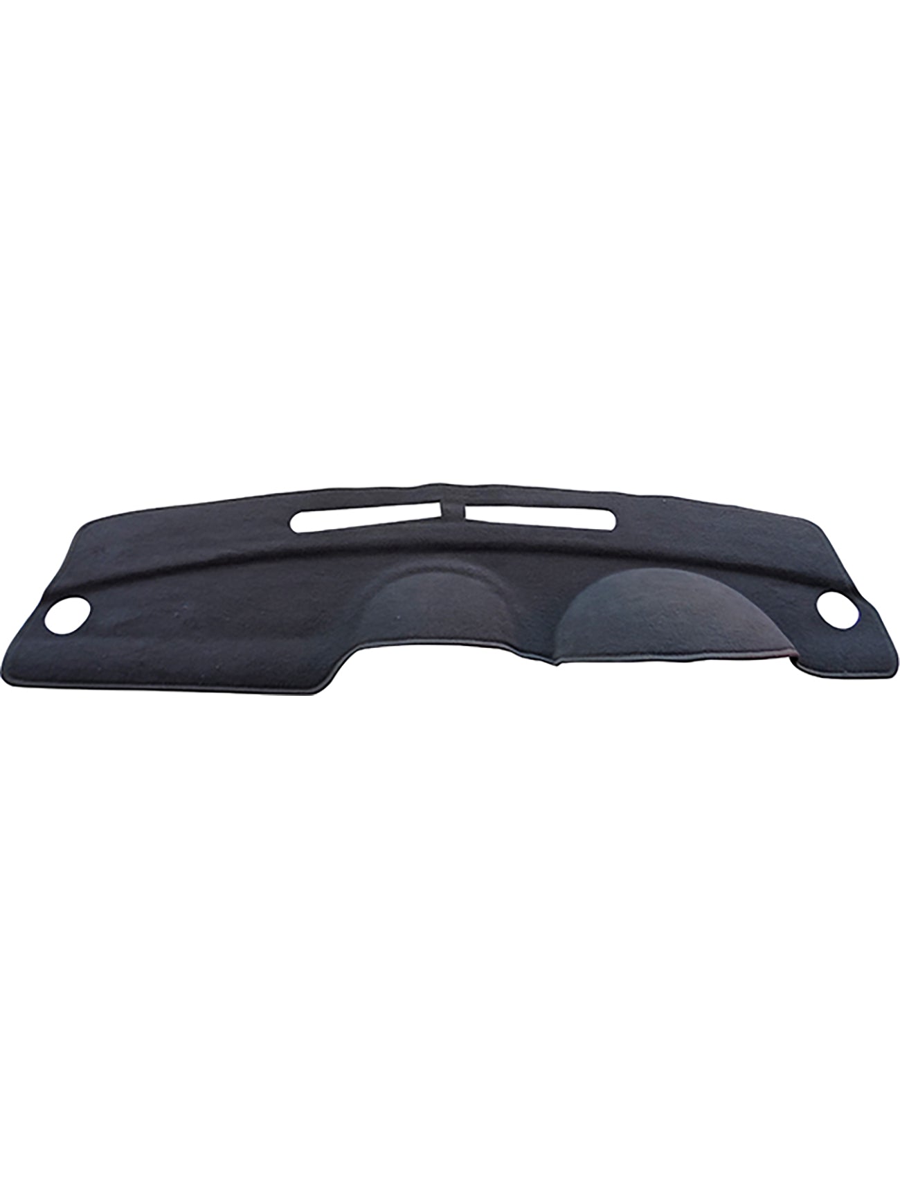 The Holden Combo Dash Mat by Sunland-Protection is a black dash mat shaped to fit your vehicle's dashboard. It reduces glare for better visibility, includes air vent cutouts, and two circular holes on each side, making it airbag safe while accommodating speakers or other components.