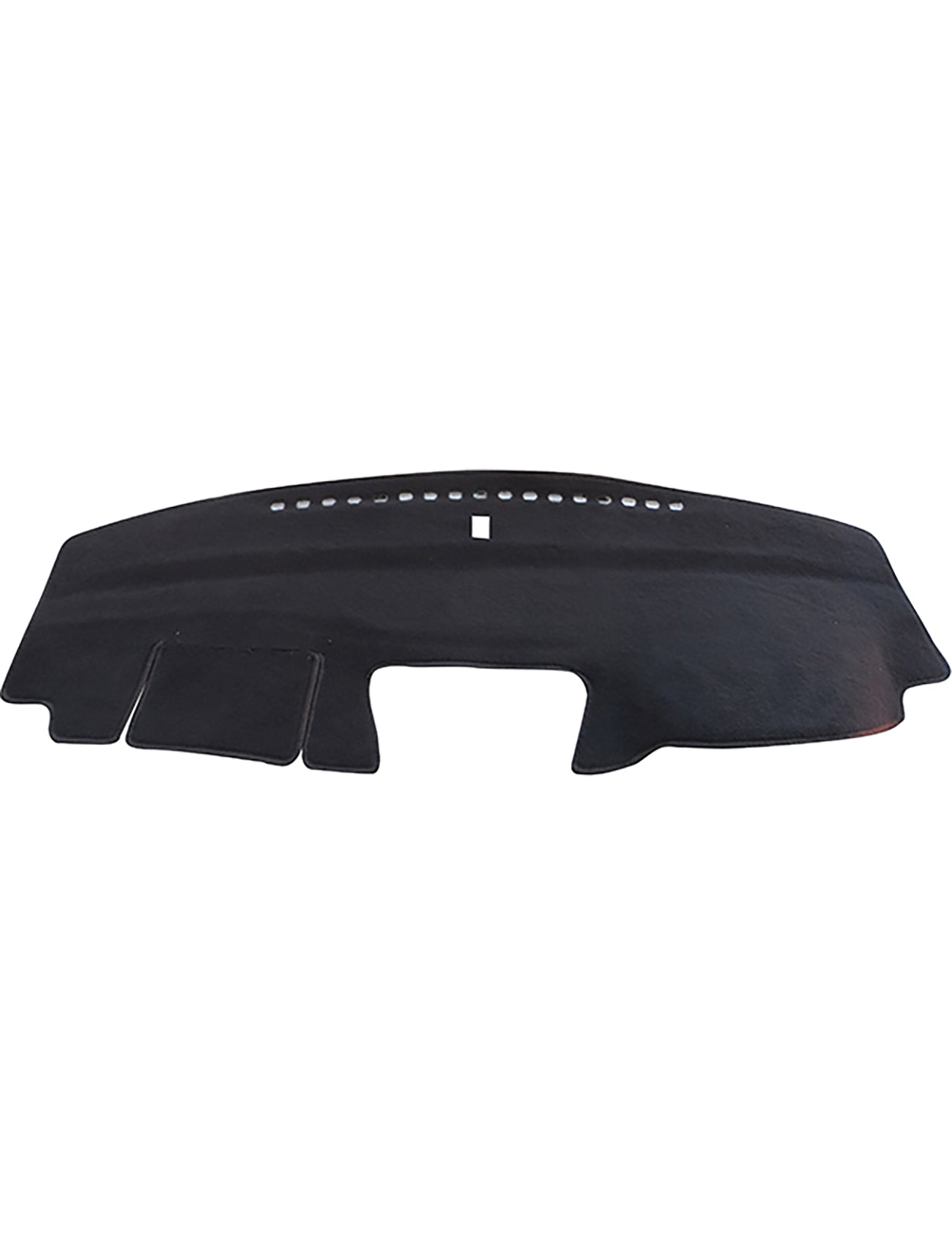 The Sunland-Protection Honda CRV Dash Mat is black with a central rectangular cutout and small upper edge holes, fitting snugly over your dashboard to protect it from sun damage and wear while keeping your vehicle cool.