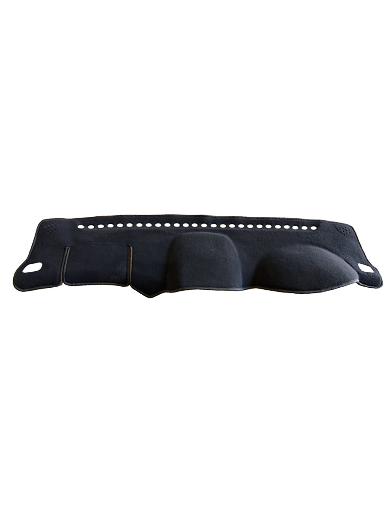 The Sunland-Protection Jmc Vigus Dash Mat is a black dashboard cover featuring ventilation holes and custom cutouts, designed to reduce glare and safeguard your dashboard. It has a textured surface and contoured shape for an Air Bag Safe fit specific to certain vehicle models.