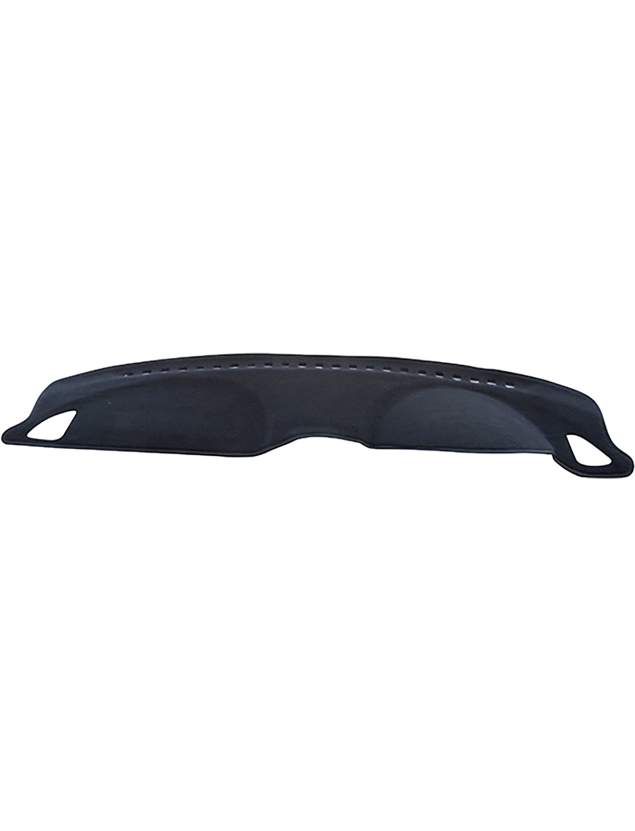 The Sunland-Protection Hyundai Accent Dash Mat is a black, curved mat with air vent cutouts and two side holes, offering stylish glare protection. Made from flexible material, it fits seamlessly on your dashboard to enhance the look and keep it cool.