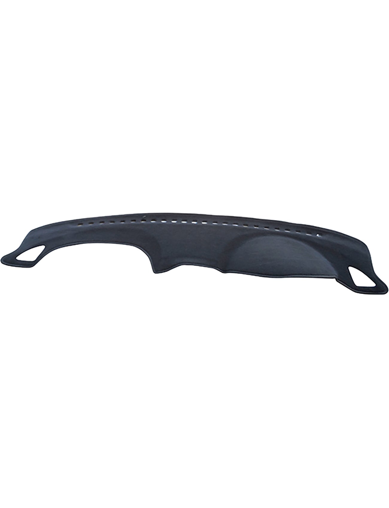 The Sunland-Protection Hyundai Accent Dash Mat is a black, curved plastic tray with rounded edges and handles on each end. It features perforated holes across its surface, resembling a vented design ideal for enhancing air conditioner efficiency.