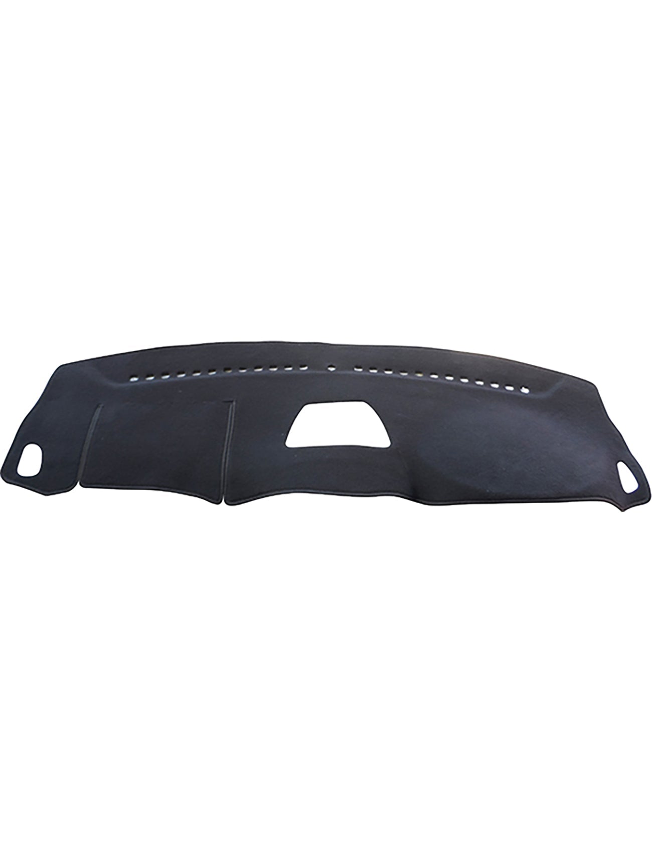 The Sunland-Protection Hyundai iLoad Dash Mat is a black dashboard cover with cutouts for air vents and controls, designed to fit seamlessly while protecting against sun damage, reducing glare, and enhancing resale value. It is also air bag safe.