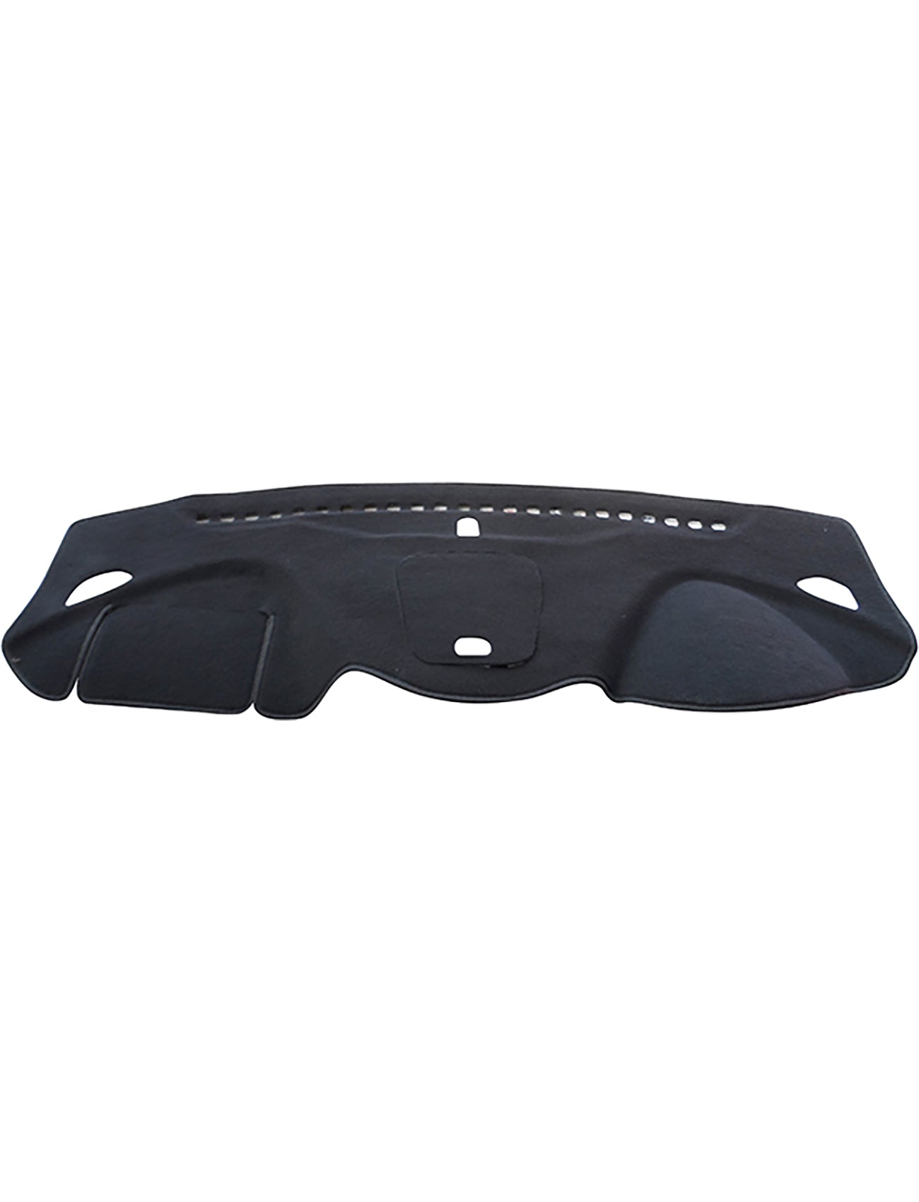 The Sunland-Protection Hyundai Santa Fe Dash Mat is black with cutouts for vents and controls, set against a white background. It's designed to enhance vehicle coolness and reduce glare, featuring a curved shape with precise edges and multiple openings.