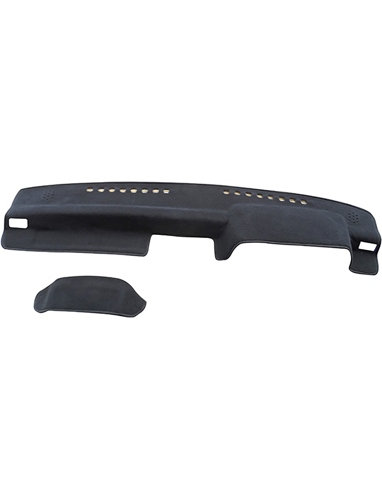 The Sunland-Protection Mitsubishi Triton Dash Mat is black with a smooth texture and small perforations. It includes a separate section to fit the vehicle's dash seamlessly.