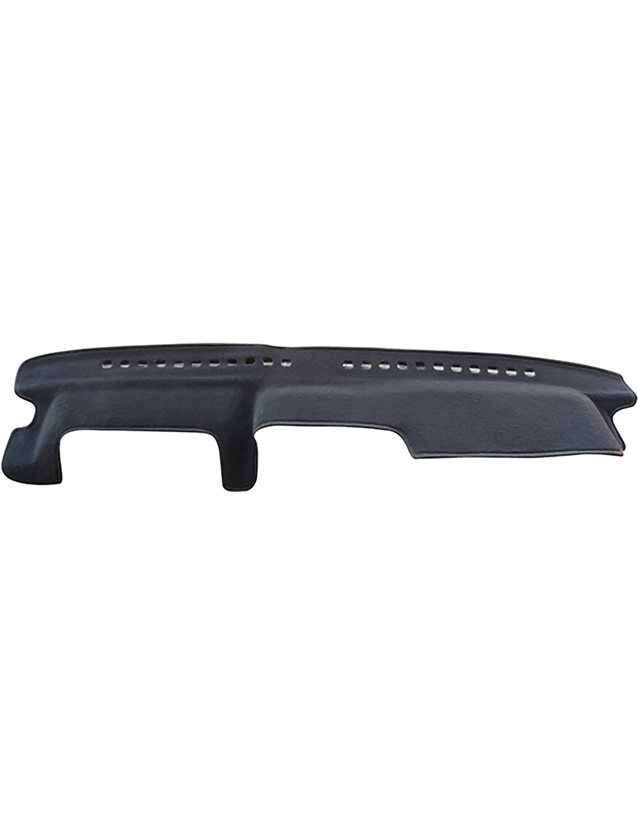 Introducing the Sunland-Protection Dash Mat: a sleek black dashboard cover designed to fit all Mitsubishi Pajero NL/NM models with an inclinometer on the dash from 09/1997 to 10/2002. Crafted from soft, flexible material, it features vent cutouts and shields against sun damage while reducing glare to help protect your car's resale value.