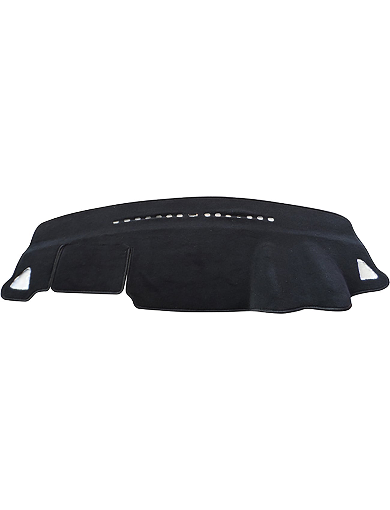 The Sunland-Protection Mitsubishi Lancer Dash Mat is an Air Bag Safe black cover with white side edges, featuring cutouts to enhance your vehicle's look and maintain coolness.