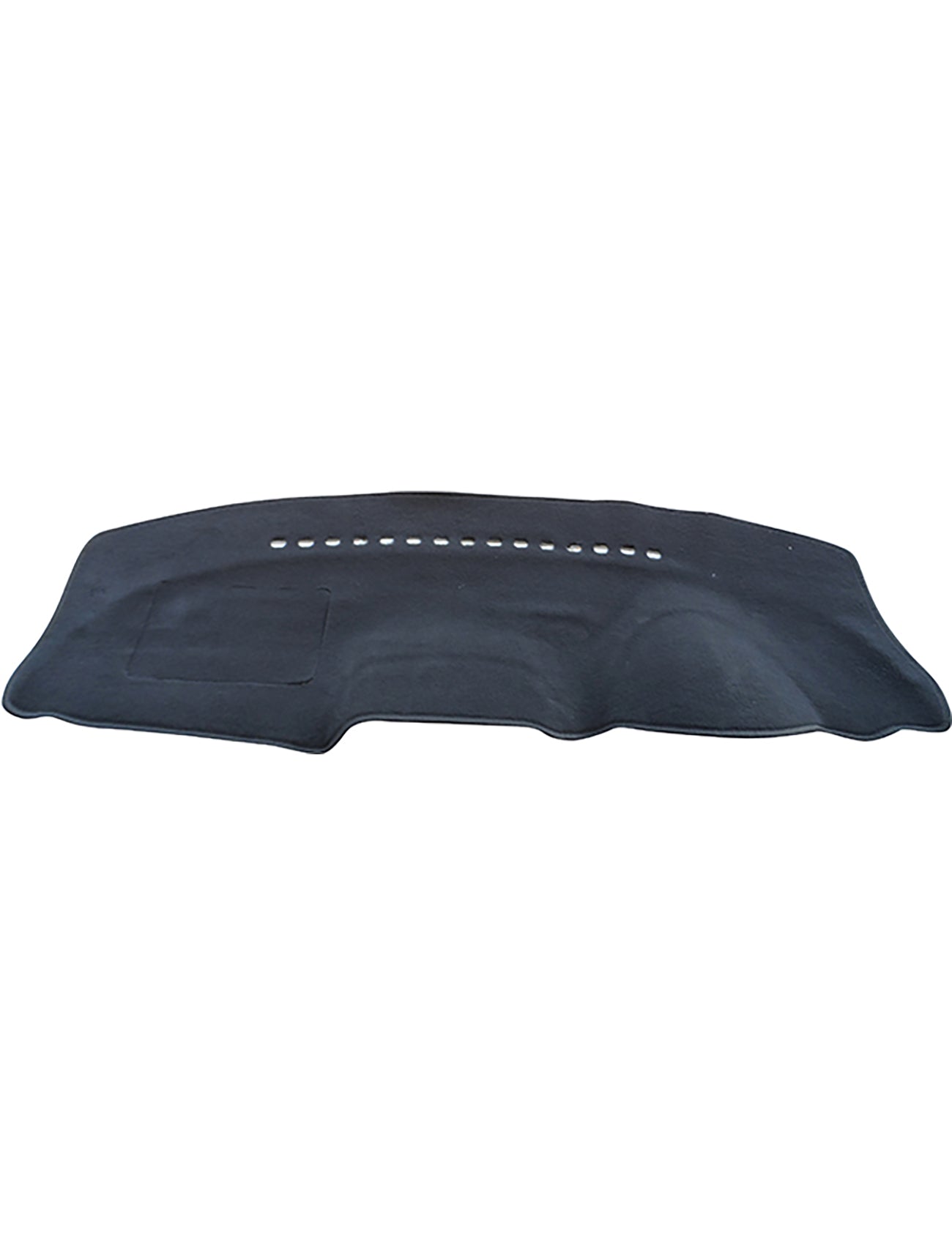The Sunland-Protection Dash Mat in black is tailored to fit over the dashboard of Mitsubishi Mirage LA models from 01/2013 to 12/2019. Featuring a design with small white vent cut-outs, this airbag-safe cover ensures precise alignment and enhances glare reduction for safer driving conditions.