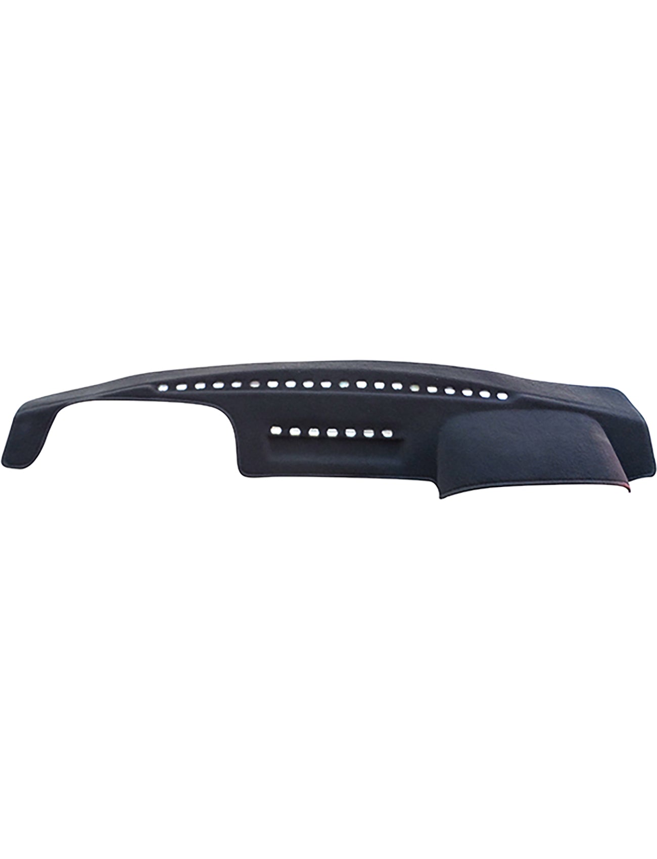 The Sunland-Protection Dash Mat, designed for all Land Rover Discovery models from 04/1994 to 02/1999 with a passenger airbag, is a black, curved dashboard cover. It features cut-out holes for vents and controls and includes a slightly raised section on one side to ensure an Air Bag Safe, customized fit for your vehicle's dashboard.