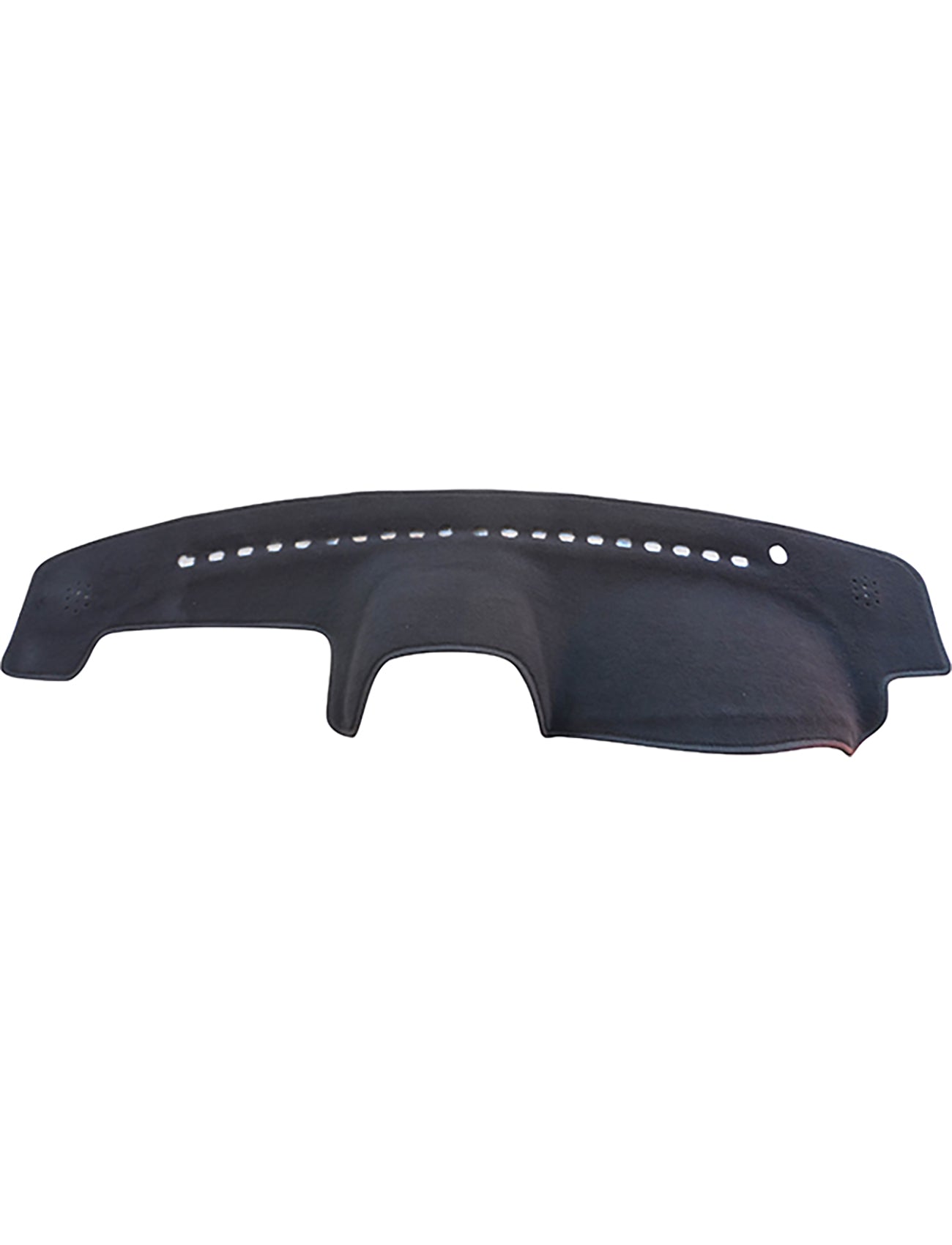 The Sunland-Protection Holden Cruze YG Dash Mat is a black, curved mat with perforations along the upper edge, featuring a textured surface and a driver's side controls cut-out. Designed to be airbag-safe, it offers seamless protection and style for your car's dashboard.