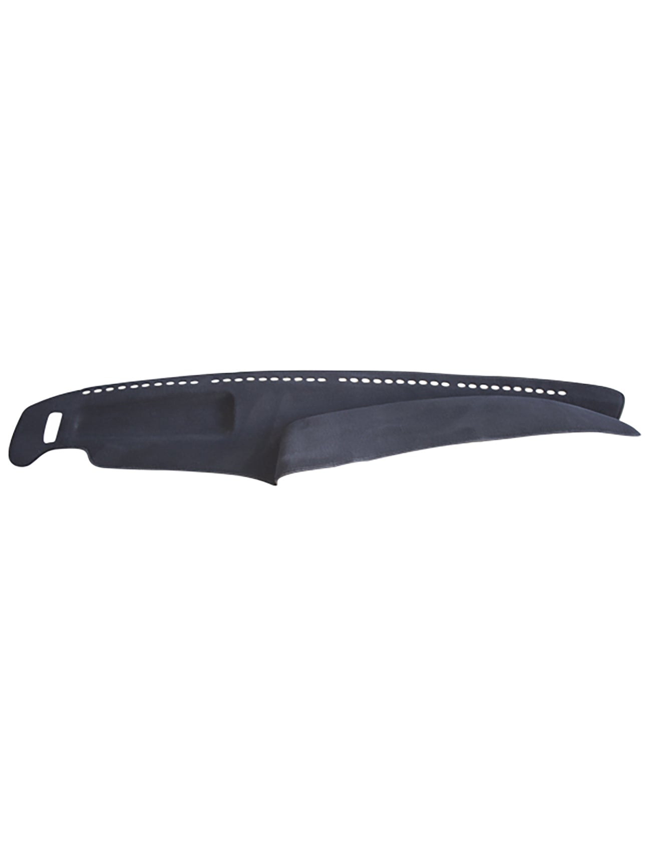 The Sunland-Protection Toyota Coaster Dash Mat is a sleek black mat with a perforated design, featuring evenly spaced holes along the top edge and a left-side cut-out, helping keep your vehicle cool while maintaining its resale value.