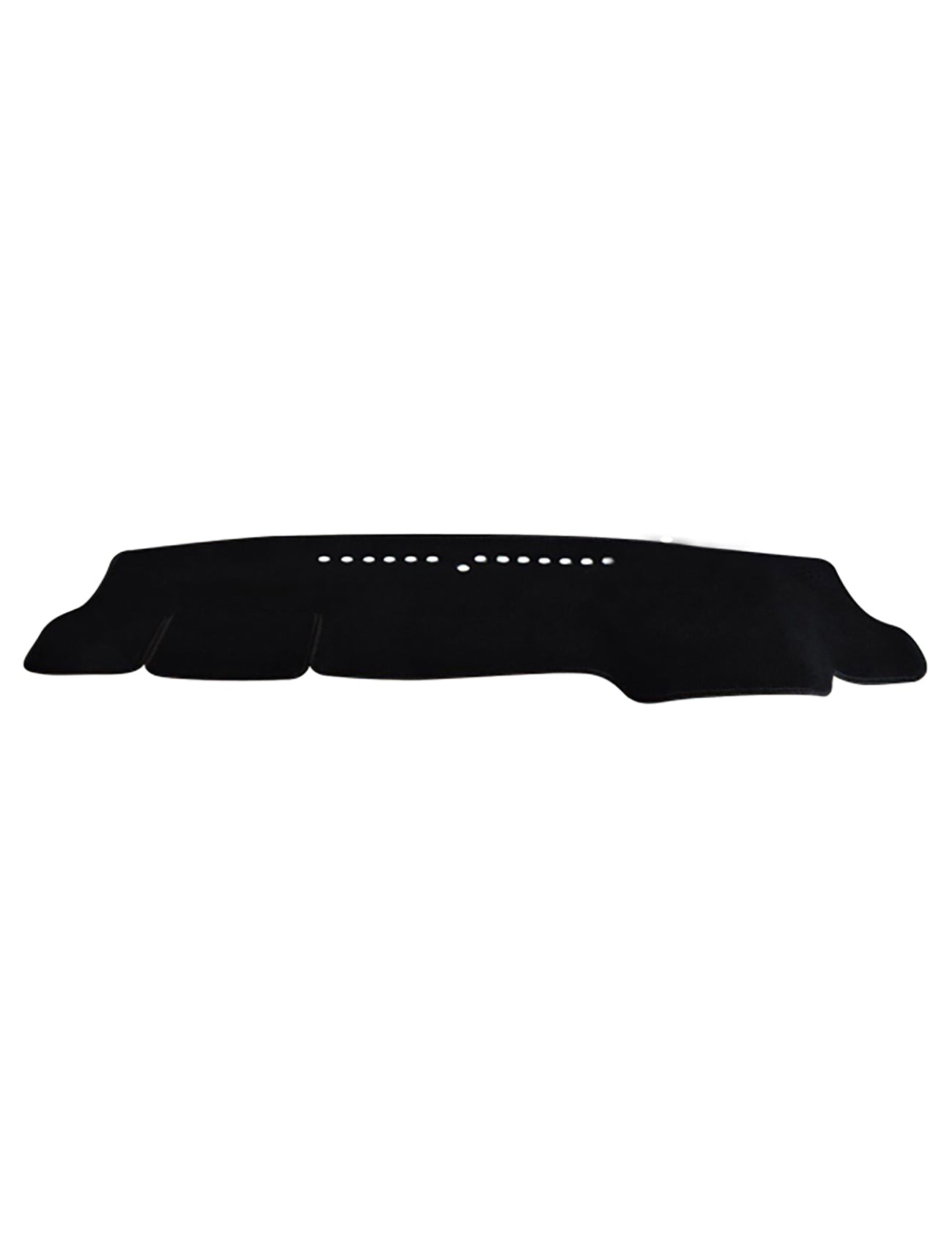 The Sunland-Protection Toyota Camry Dash Mat is a black dash mat with a smooth contour, small cutouts for air vents and features, designed to fit the vehicle's dashboard area. It's airbag safe, helps keep the car cool, and is set against a white background.