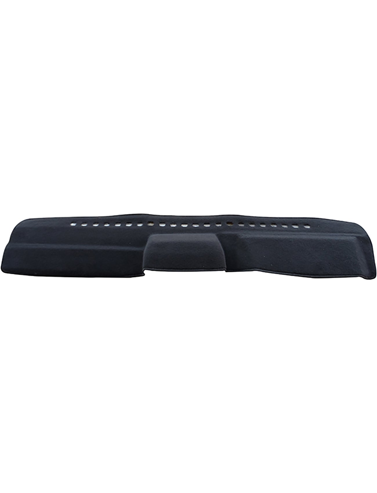 The Sunland-Protection Dash Mat Black, designed for Toyota Landcruiser LC78 Series models from 01/1985 to 02/2007 with a tank gauge on the dash (Product Code: T24A01), is a dashboard cover that effectively reduces glare. It features ventilation slots arranged in a central row and is crafted from soft, textured material to ensure a snug fit while keeping your vehicle cool and protected.
