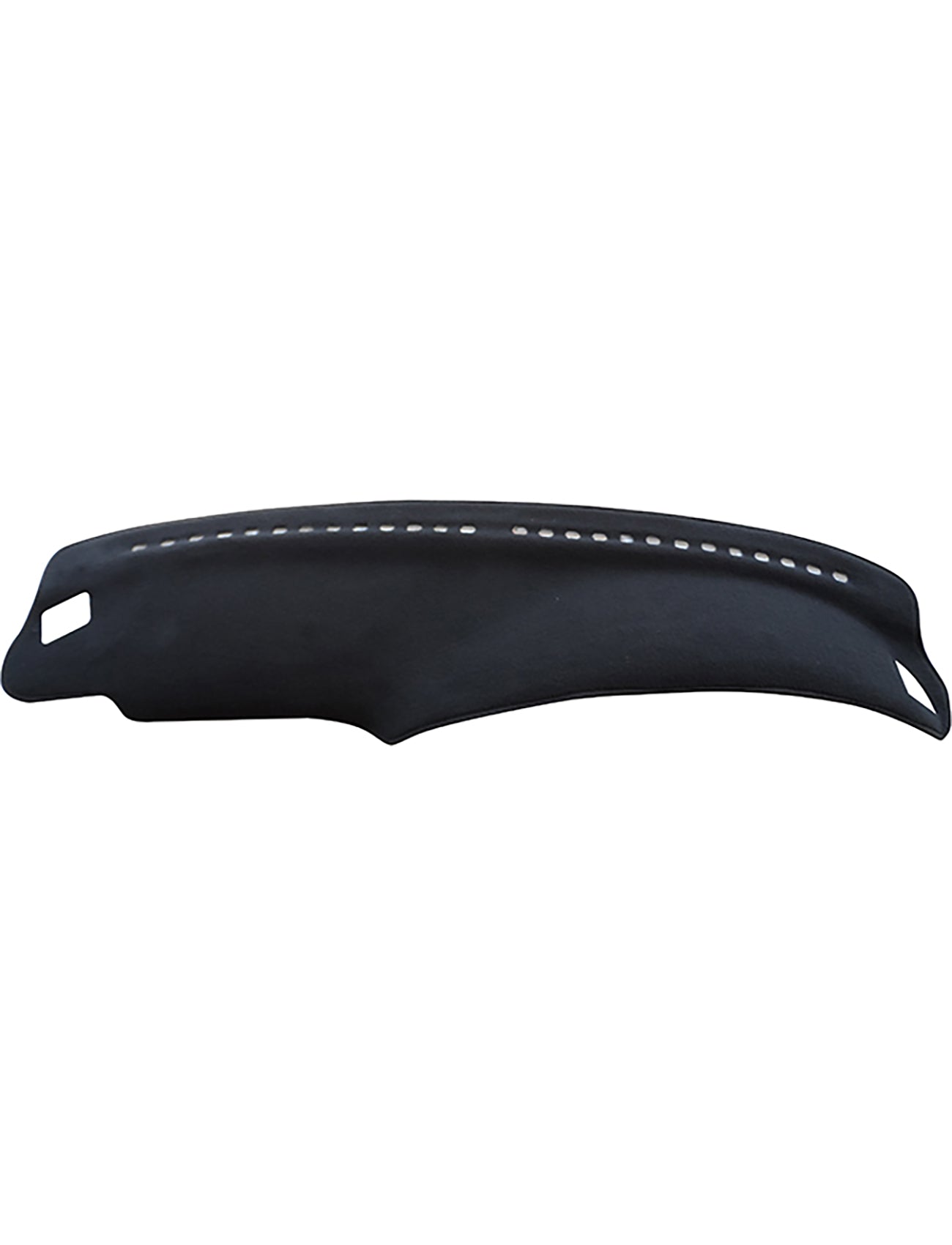 The Sunland-Protection Sunland Dash Mat Black, specifically designed for Holden Apollo JM models from February 1993 to June 1997, features a sleek black, curved design with small perforations along the top edge. It is airbag safe and includes holes on both ends for a secure fit.