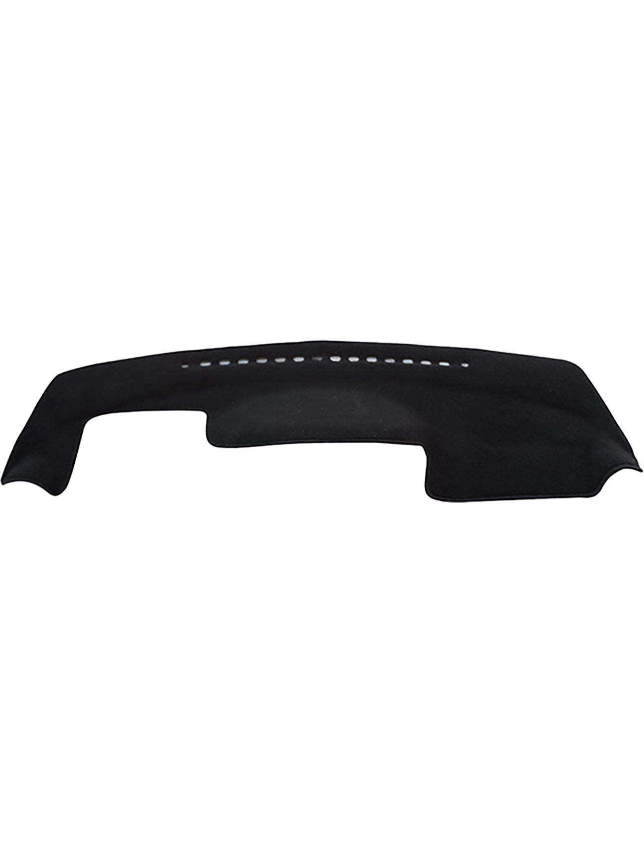 The Sunland-Protection Dash Mat, designed for Toyota Yaris hatchback models (09/2005-10/2011), features a sleek black design with a curved top and small rectangular perforations. Its soft material and contoured edges make it ideal for automotive use and ensure it's airbag safe.