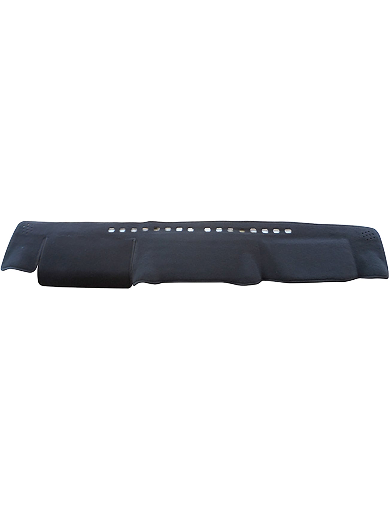 The Sunland-Protection Toyota Landcruiser 70 Series Dash Mat | T9401 is a black fabric cover with cutouts that reduces glare and protects resale value, featuring evenly spaced holes for vent access.