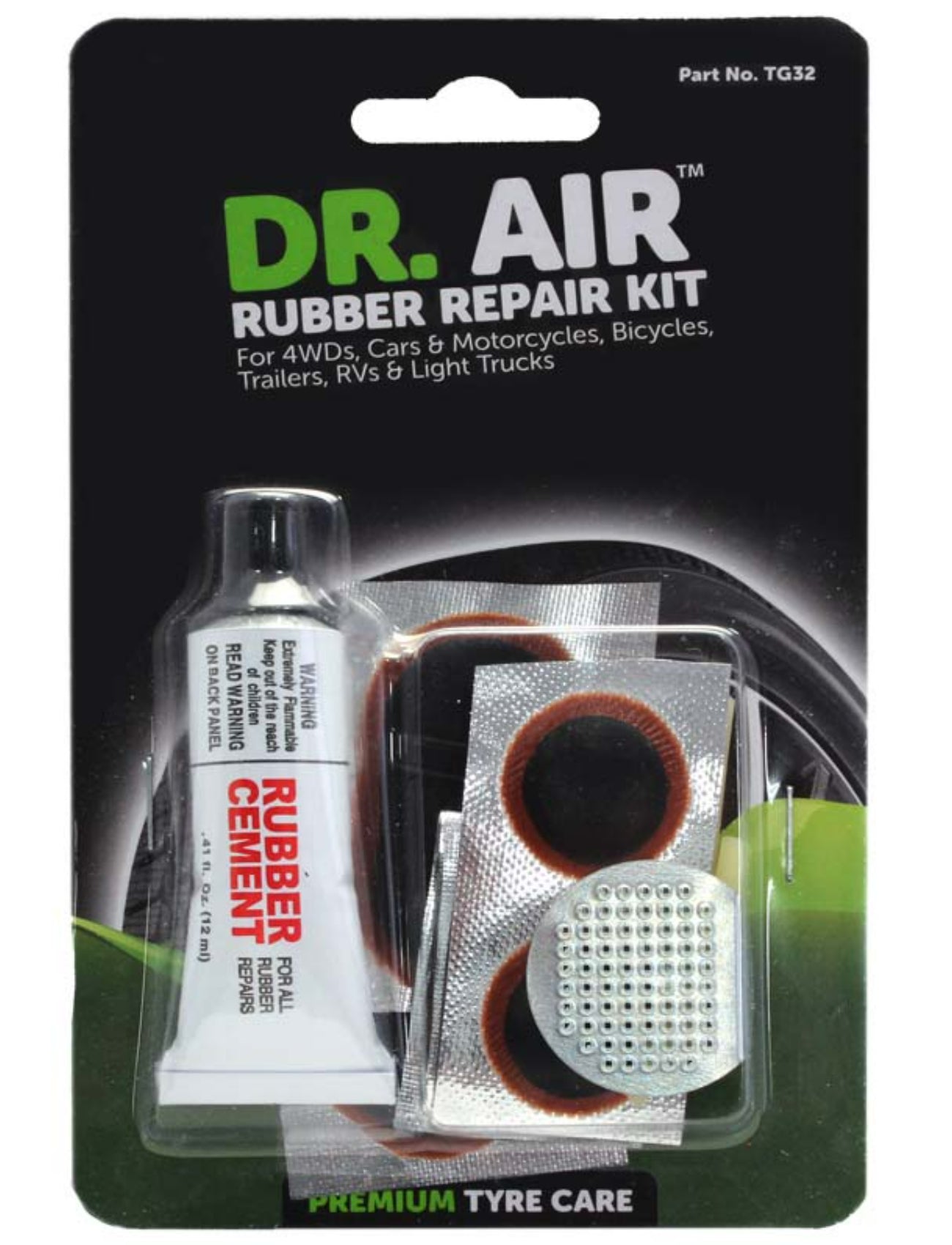 The Sunland-Protection RUBBER REPAIR KIT BIKE 8pc is ideal for quick fixes on various vehicles like 4WDs, cars, motorcycles, and RVs. It includes rubber glue, repair patches, and a metal rasp for on-the-go repairs.
