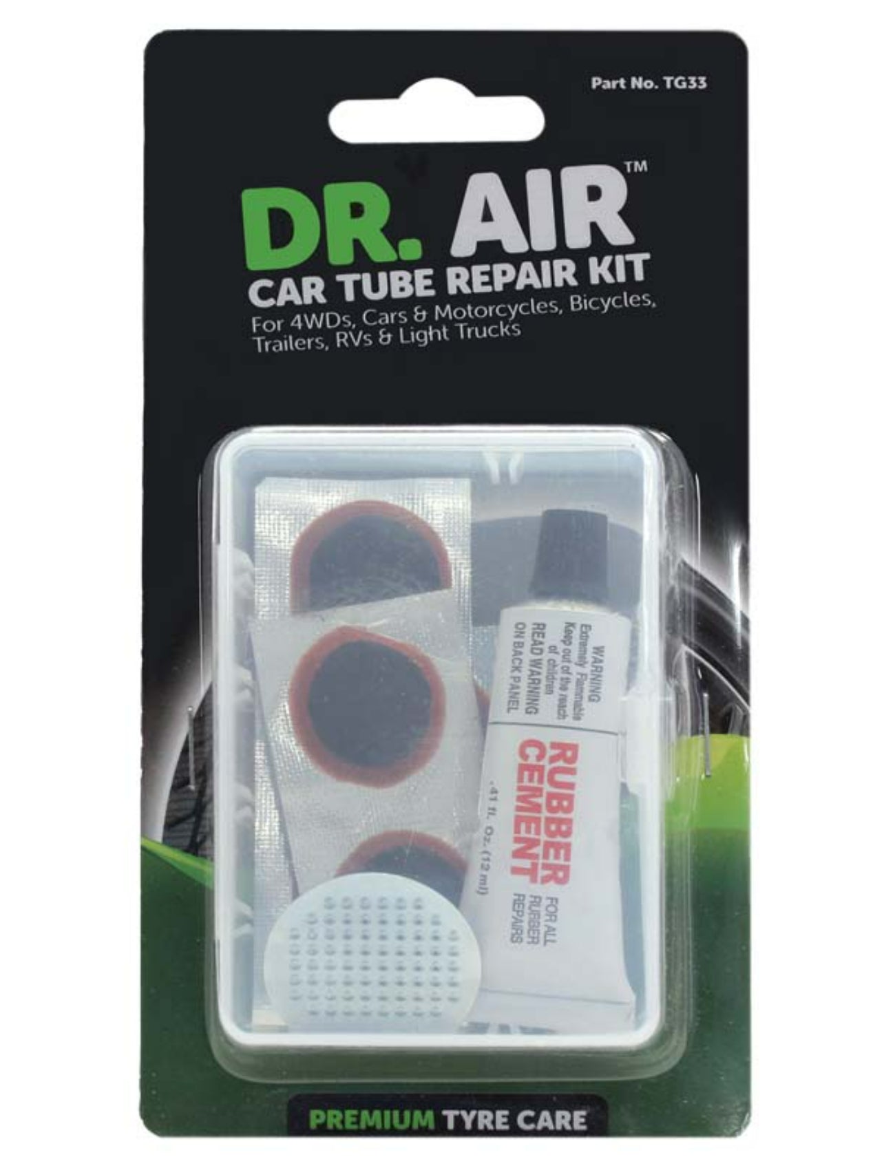 The Sunland-Protection Car Tube Repair Kit, ideal for 4WDs, cars, and motorcycles, comes in packaging with visible inner tube patches, a rubber cement tube, and a metal tool. Labeled "Premium Tyre Care," this kit ensures you're road-ready.