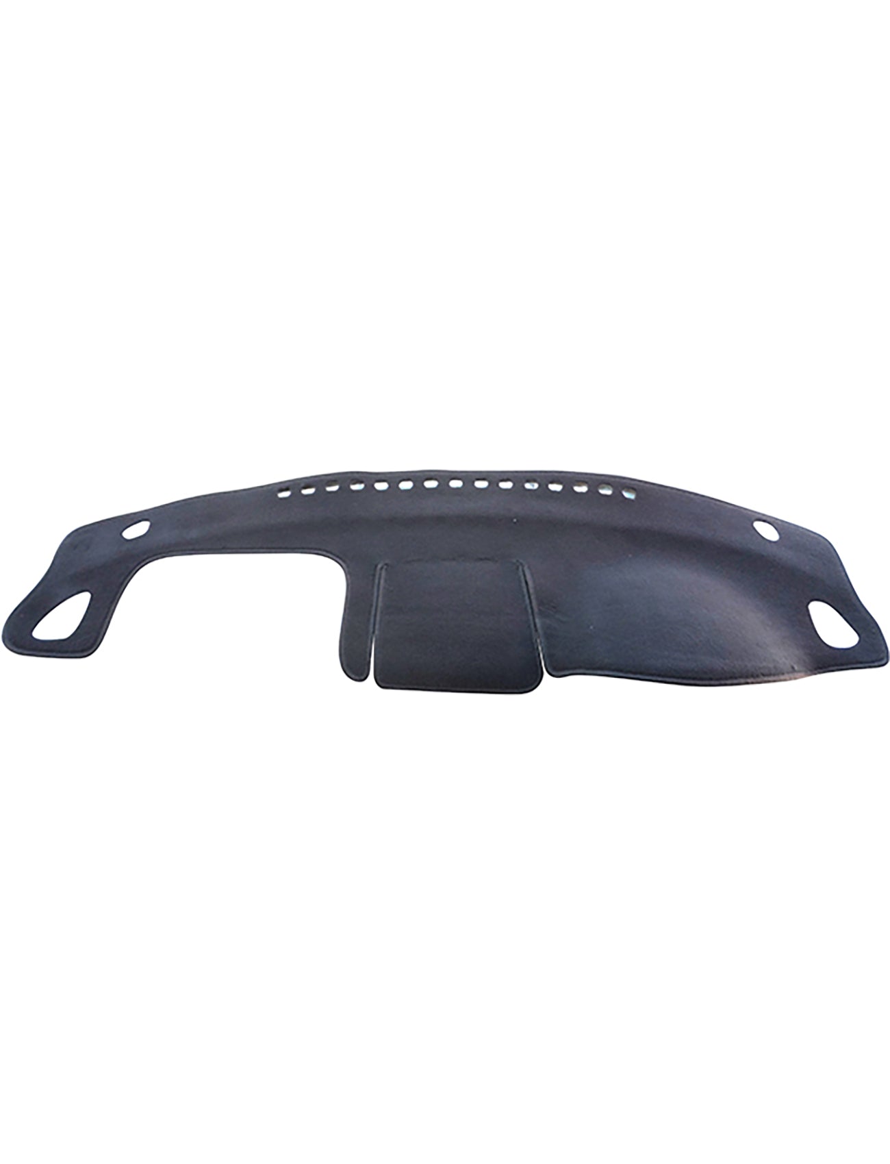 The Sunland-Protection Subaru Forester Dash Mat is a black dash mat with two cutouts on the sides and small center perforations, designed to protect against sun damage, ensure airbag safety, and reduce glare for clear visibility.