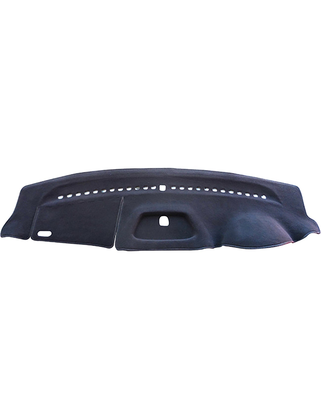 Introducing the Sunland-Protection Dash Mat Black Suits Volkswagen Amarok 2H MY12 - MY13 (02/2011-08/2016 All Models - W2401): a black dashboard cover featuring a textured surface and an array of perforated holes along the top edge, complete with cutouts for dashboard components. It protects resale value and is airbag safe, ensuring both style and functionality for your vehicle.