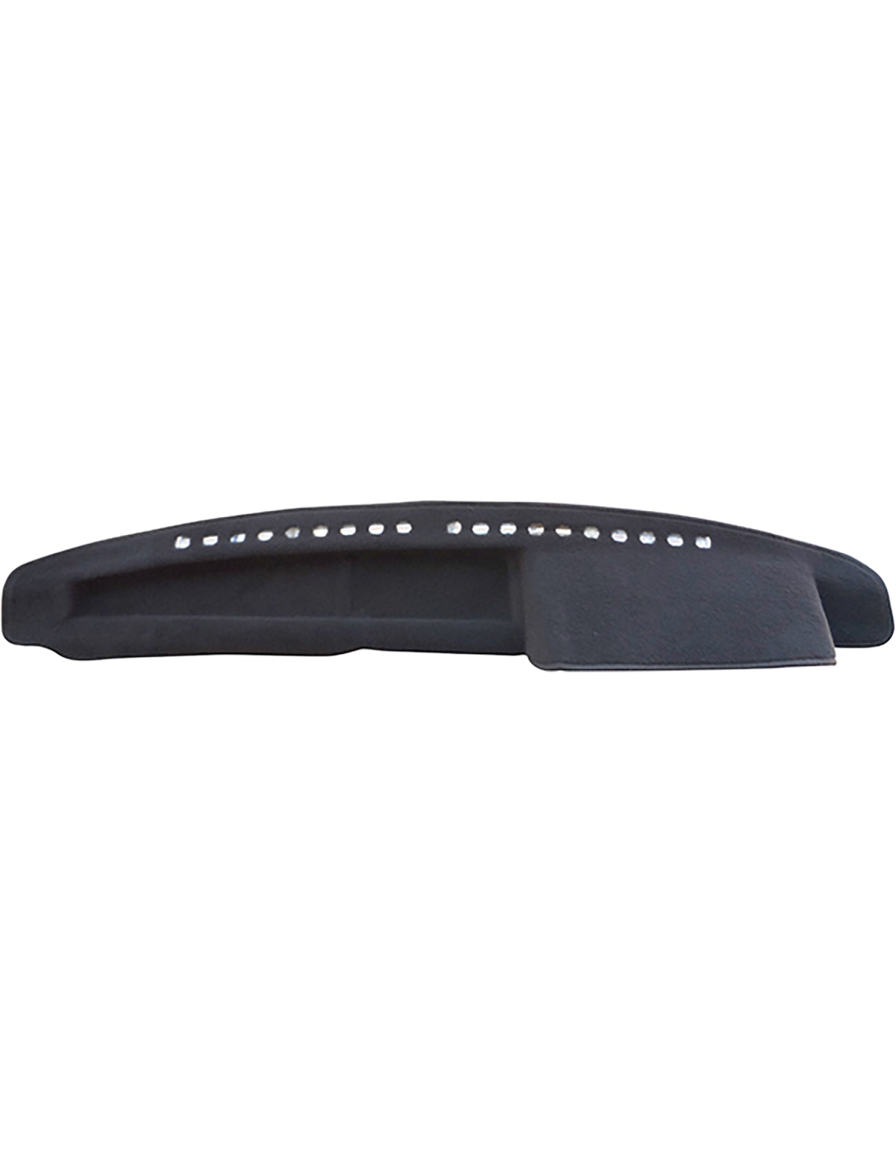 The Sunland-Protection Mazda Bravo B2200 Dash Mat is a black cover for your car's dashboard, reducing glare with its smooth surface. It includes air vent cutouts on the top curve and an extended right section to help maintain vehicle resale value.