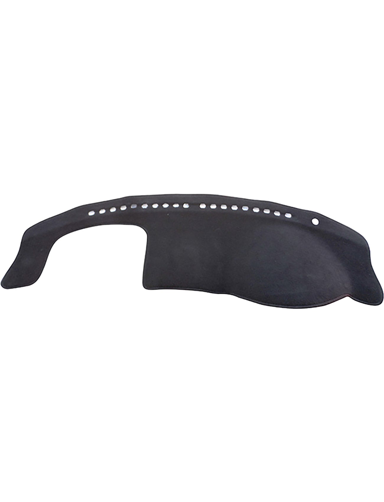 The Sunland-Protection Ford Laser KN/KQ Dash Mat is black with contoured edges and features small circular holes along the top edge. It's designed to fit your dashboard, reduce glare, keep your car's interior pristine, and protect its resale value.