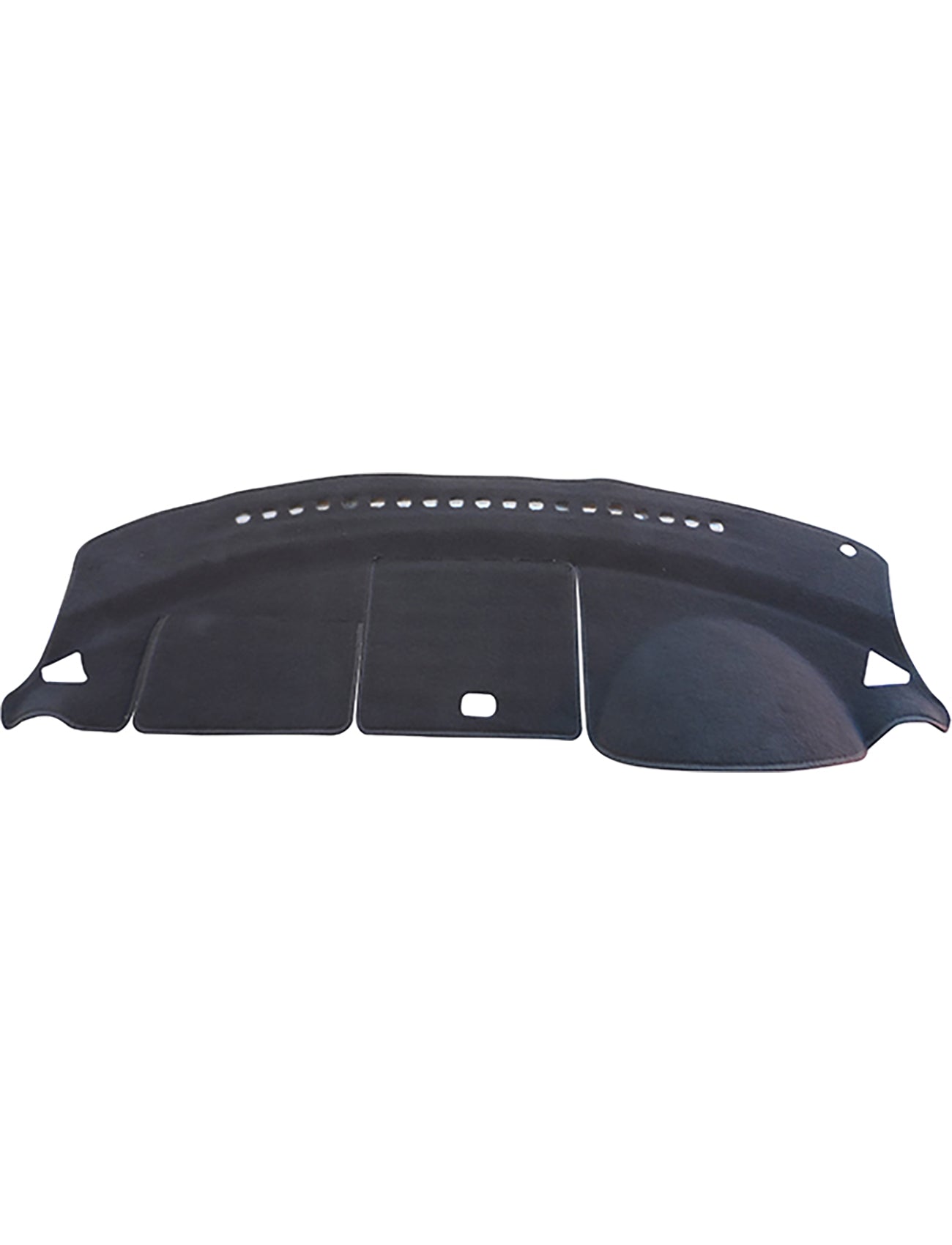 The Sunland-Protection Mazda 2 DY Dash Mat is a black dashboard cover with vent and accessory cutouts, ensuring airbag safety and protection from sunlight. Designed for a perfect fit, it offers stylish and reliable defense against everyday wear.
