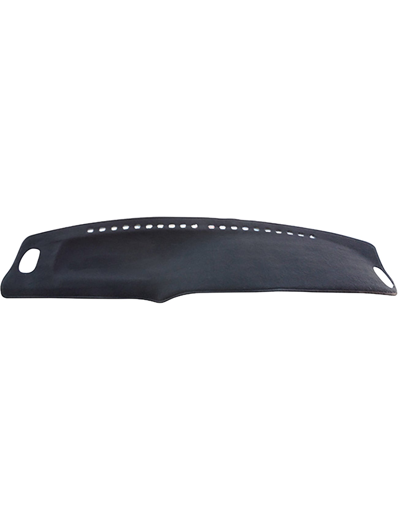 The Sunland-Protection Ford Courier PG/PH Dash Mat is a sleek black dashboard cover with small circular ventilation holes. Cut-out handles on each end ensure easy installation, enhancing interior style while protecting resale value, combining function and sophistication.