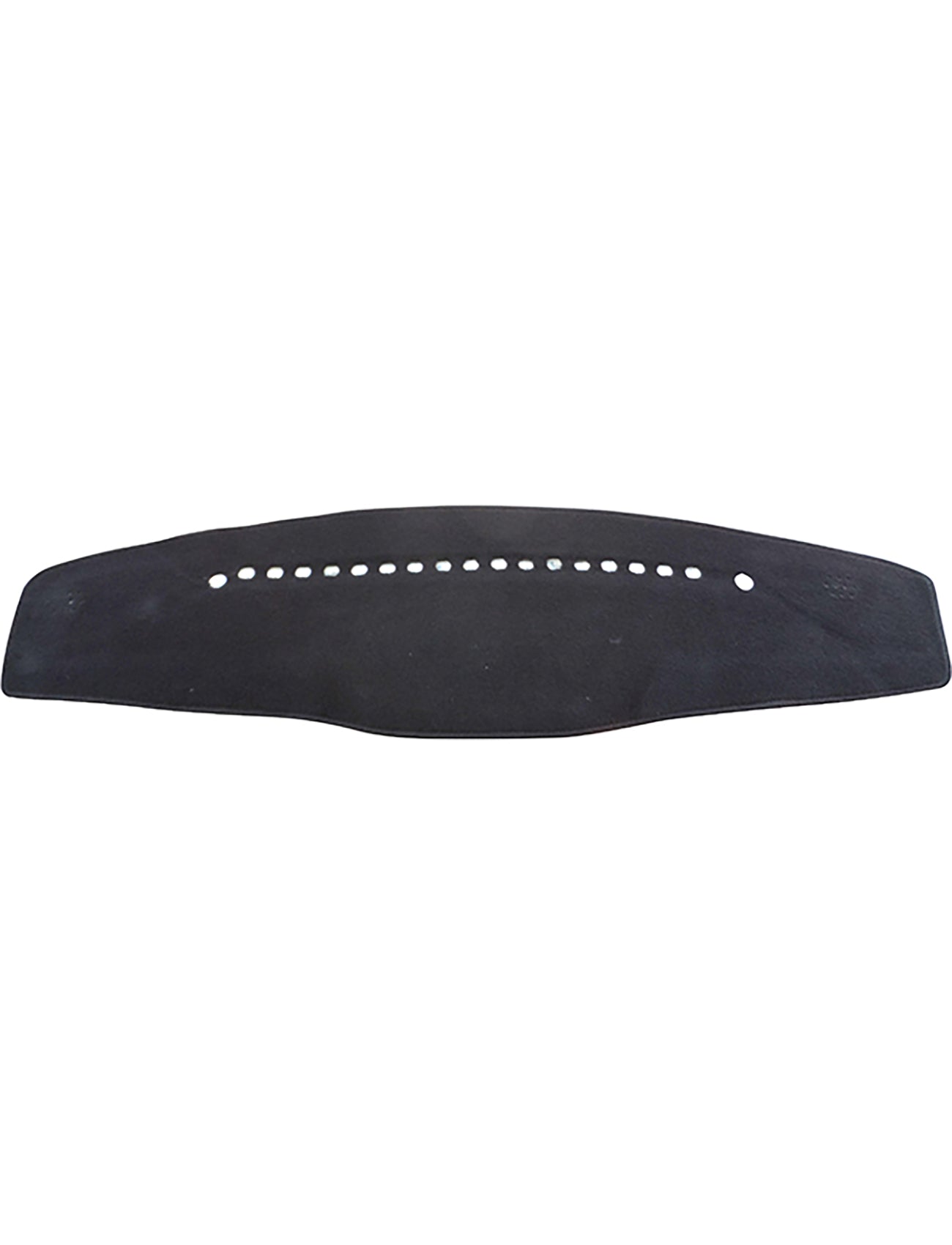 The Mazda CX-7 Dash Mat by Sunland-Protection features a curved black design with central perforations, textured surface, and smooth edges. It resembles a strap or flexible component, perfect for airbag safety and sun protection on your dashboard.