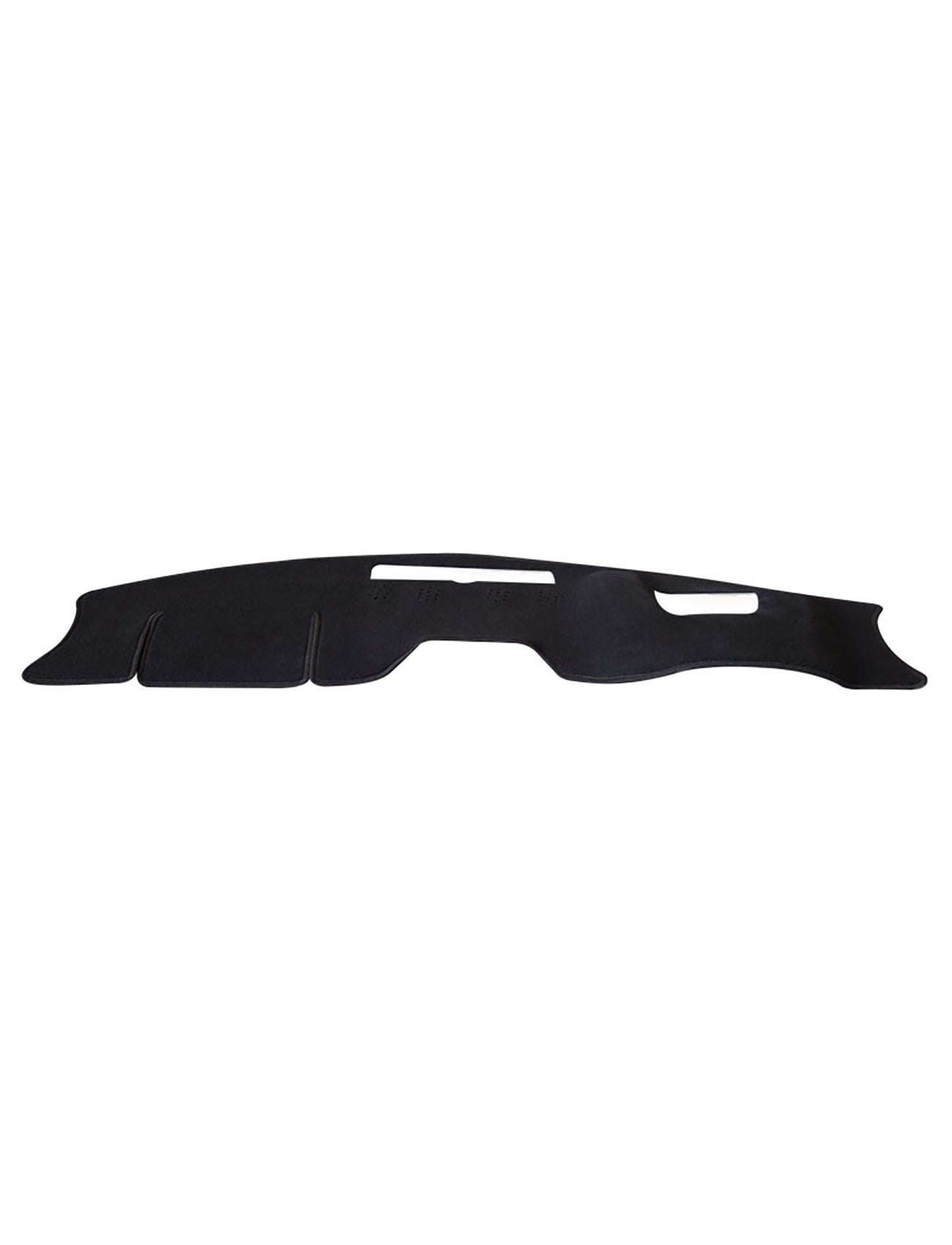 A sleek, black curved Mazda CX-5 KF Dash Mat by Sunland-Protection features cutouts and a flat design, enhancing vehicle interiors while possibly being airbag-safe, all set against a pristine white background.